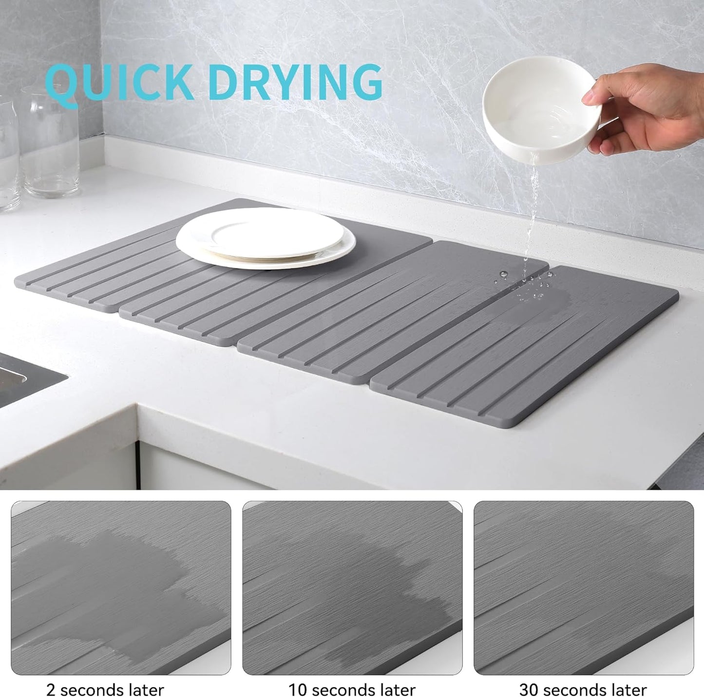 Extral Large Quick Dry Stone Drying Mat for Kitchen Counter,28x16 Inch Collapsible Eco-Friendly Absorbent Diatomaceous Earth Mat for Dishes Cups (Medium Gray-Upgraded Version, 24x16 inch)