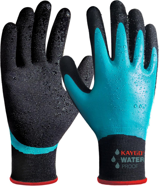 KAYGO Waterproof Work Gloves for Men and Women, Rubber Coated Non-slip Working Gloves for Garden, Outdoor Construction,3 pairs,Blue,S