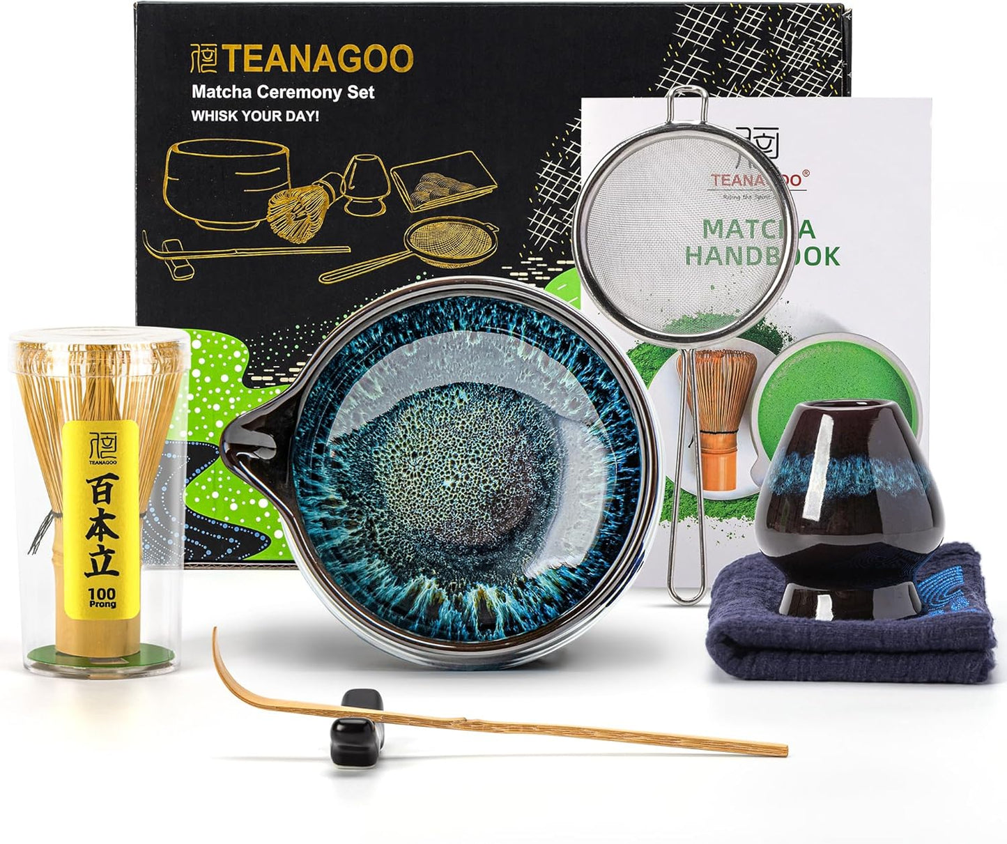 TEANAGOO Matcha Whisk Set, 7 Pcs Matcha Set Blue, Matcha Kit for Ceremony, Matcha Tea Set for Making Breakfast/Latte, Ceramic Matcha Bowl(chawan) whith Spout and Whisk, Gift for Friend/Family