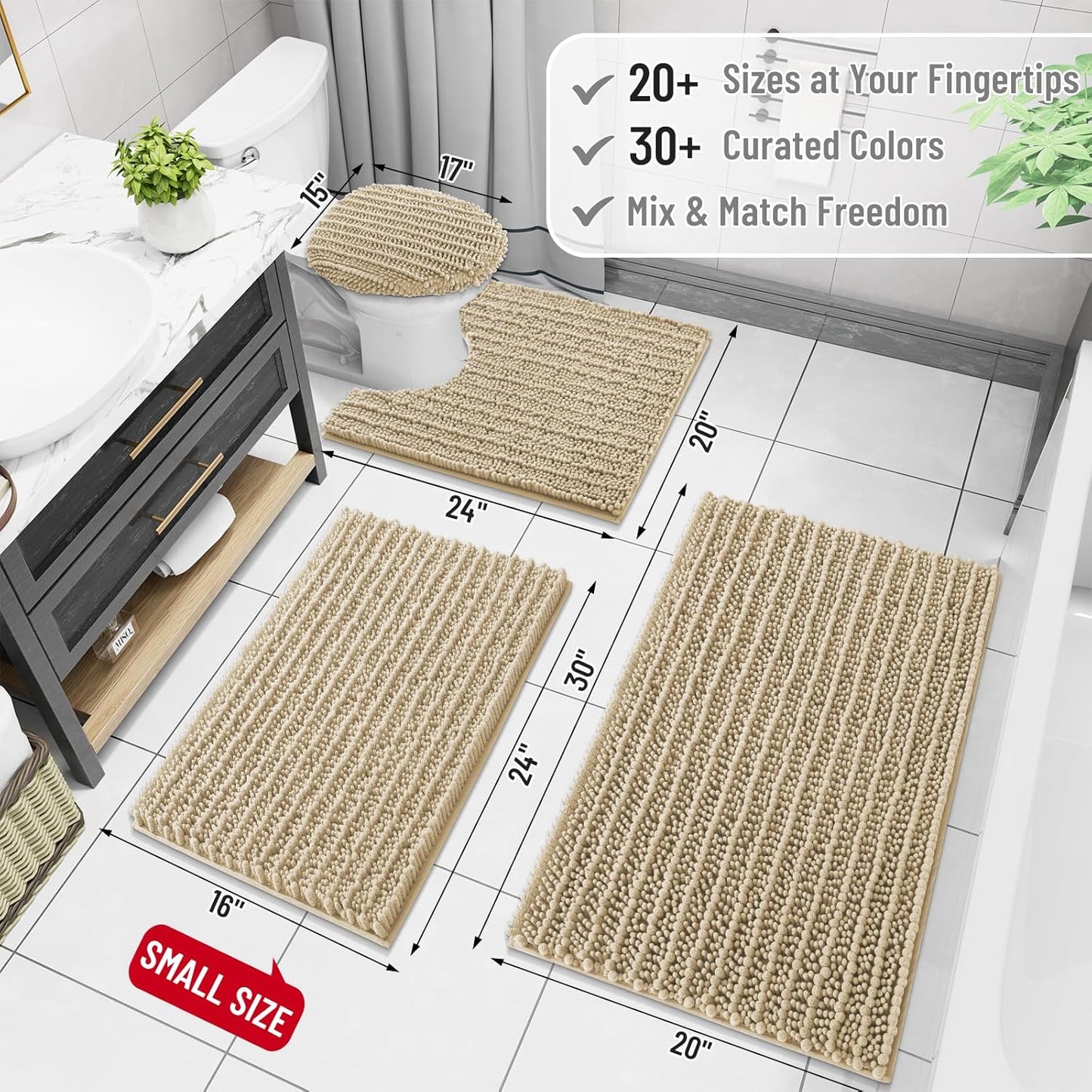 Arotive Luxury Chenille Bathroom Rug Mat, Extra Soft Thick Absorbent Shaggy Bath Rugs, Non-Slip Machine Wash Dry, Plush Bath Mats for Bathroom, Shower and Tub, 24x16, Beige