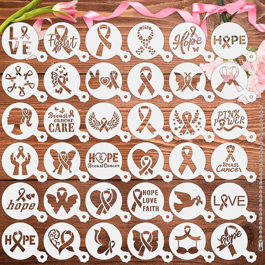 JULBEAR Breast Cancer Awareness Cookie Stencils, 36pcs Pink Ribbon Reusable Coffee Decoration Stencils Templates Tools for Cookies Baking Painting Dessert Decoration DIY Breast Cancer Awareness Party