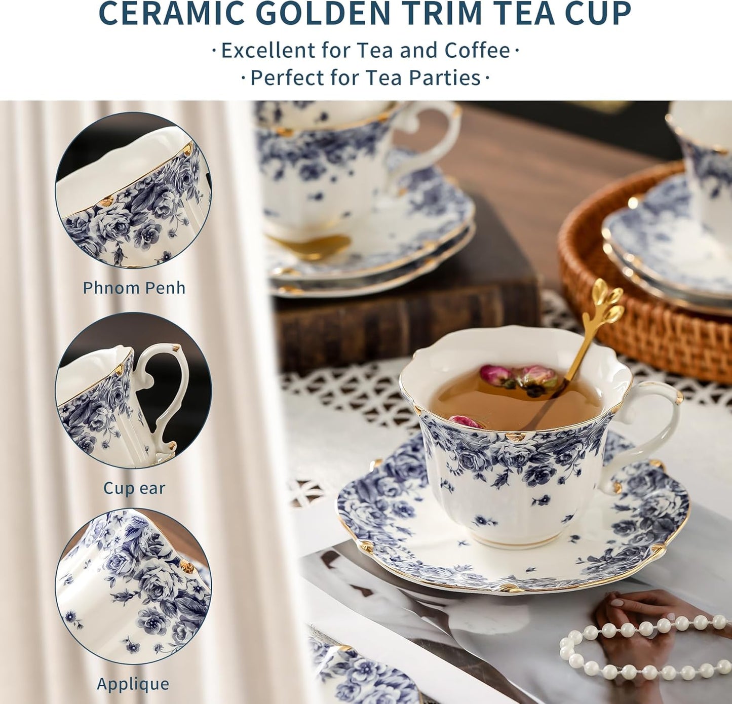 TATSUMI Country Roses Bone China Tea Cup and Saucer Set, 6 Pieces, Vintage Style, For Women and Tea Parties（sky blue，6 sets）