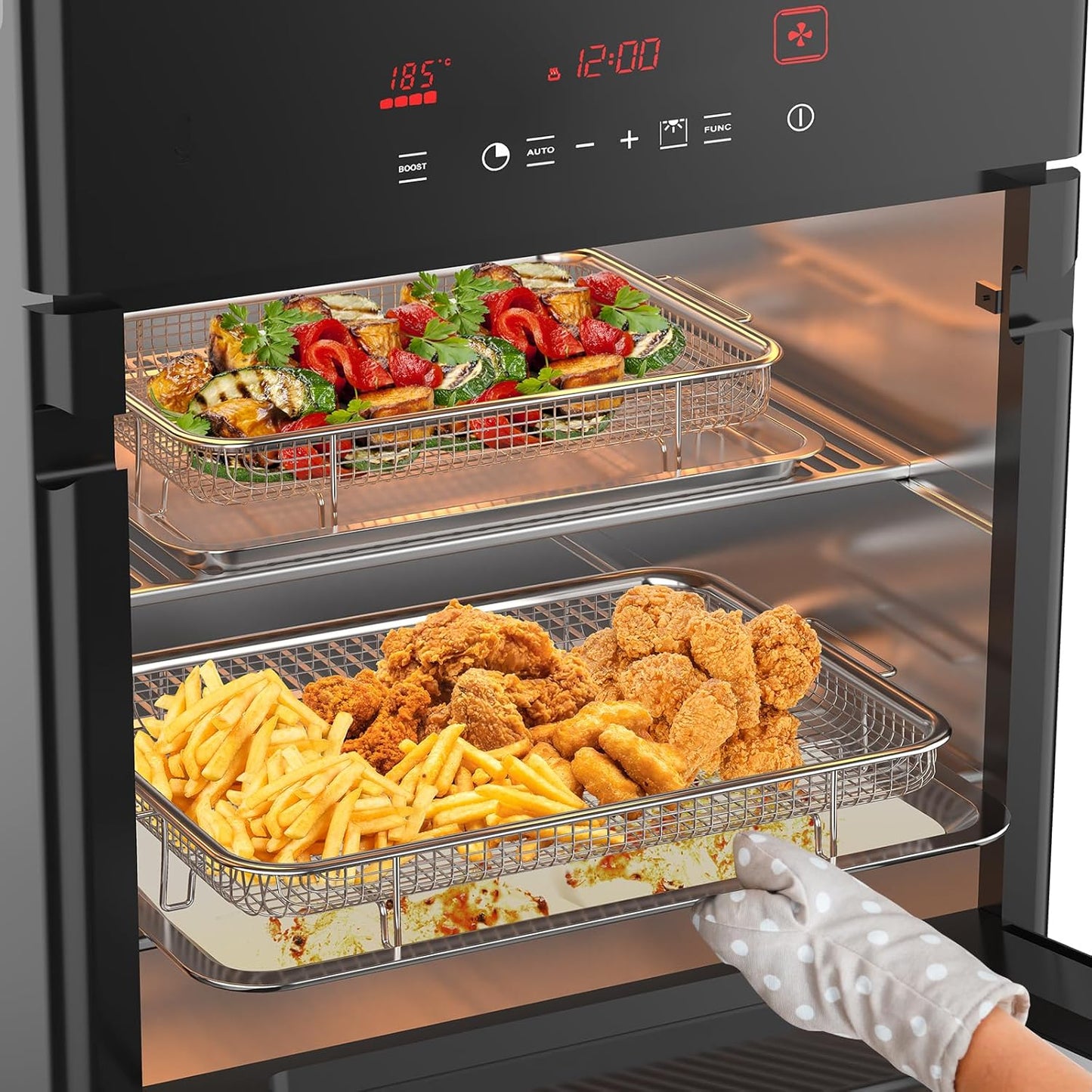 Air Fryer Basket, OPENICE 2 Set Air Fryer Pan and Crisper Tray for Oven, Non-stick Oven Air Fryer Basket for Baking and Crispy Foods - Large & Medium