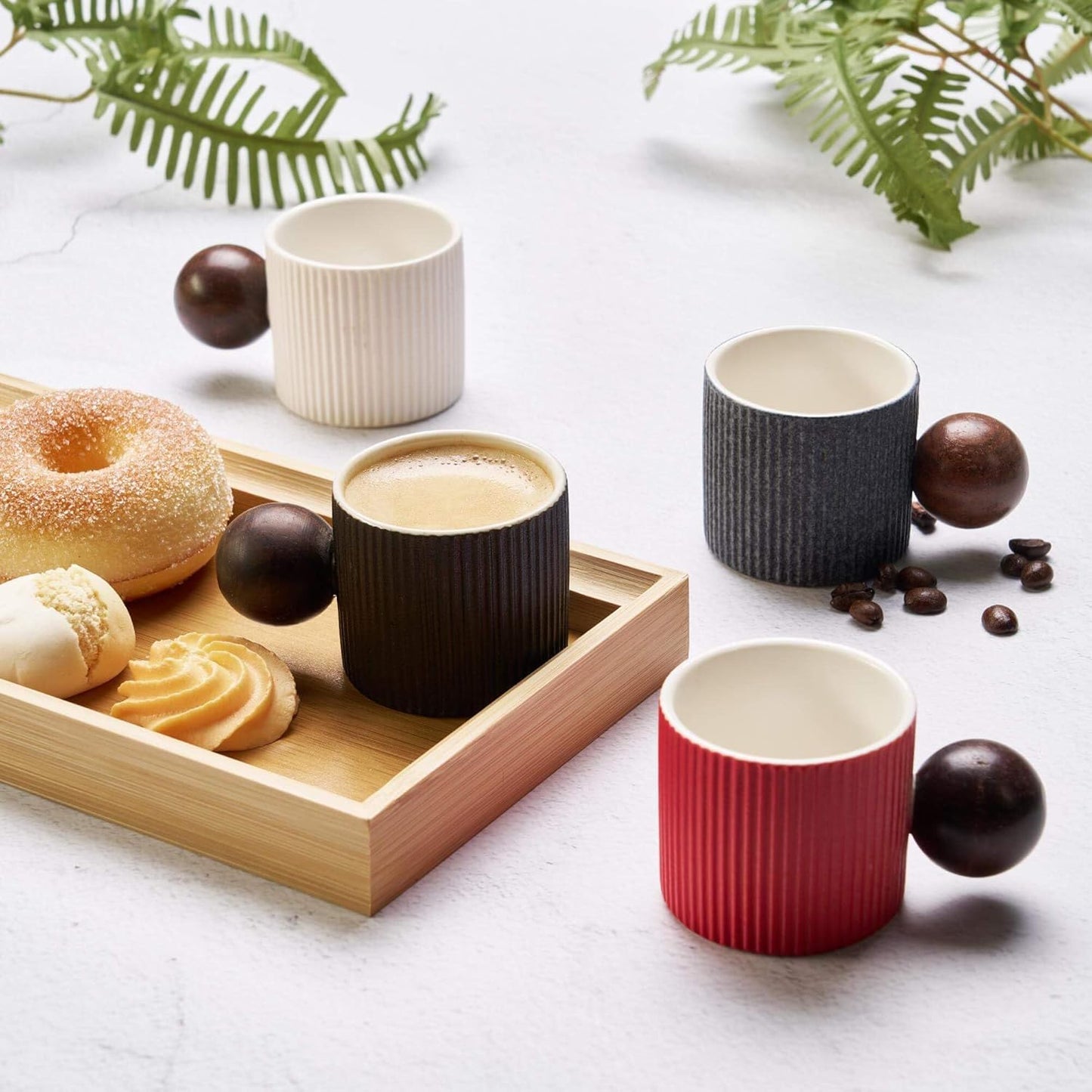 Ceramic Mini Espresso Cups Demitasse Cups with Round Wooden Handle Vertical Stripes Tea Cups (Multicolor, 4pcs)