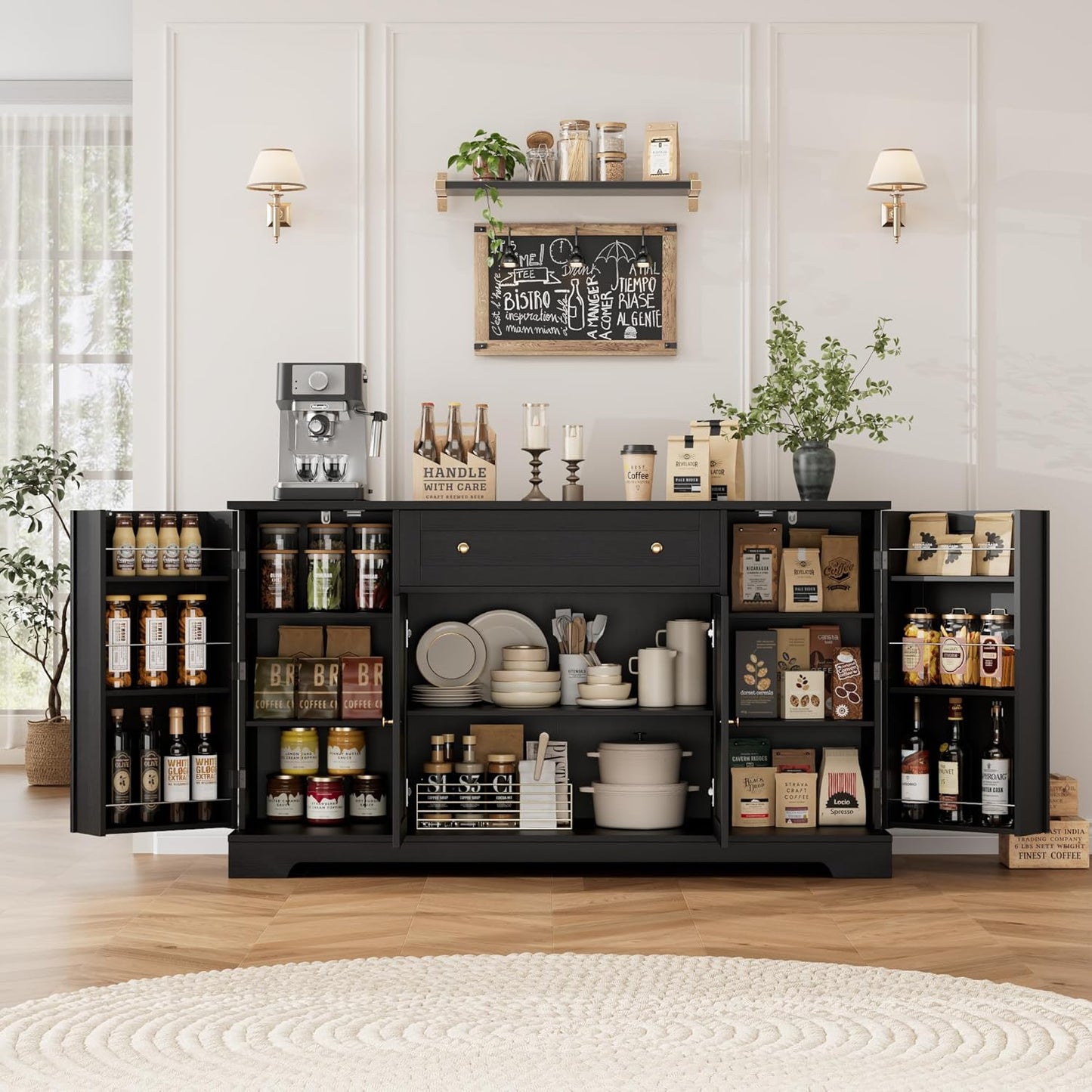HITHOS 54" Buffet Cabinet with Storage, Modern Kitchen Buffet Sideboard with Drawer, Wood Coffee Bar with Adjustable Shelves, Kitchen Storage Cabinet for Living Room, Black