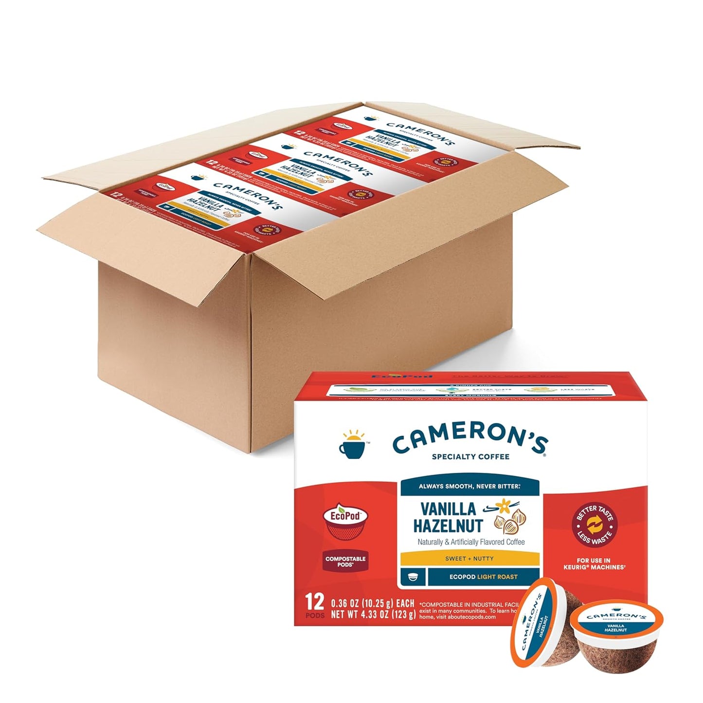 Cameron's Coffee Single Serve Pods, Flavored, Vanilla Hazelnut, 12 Count (Pack of 6)