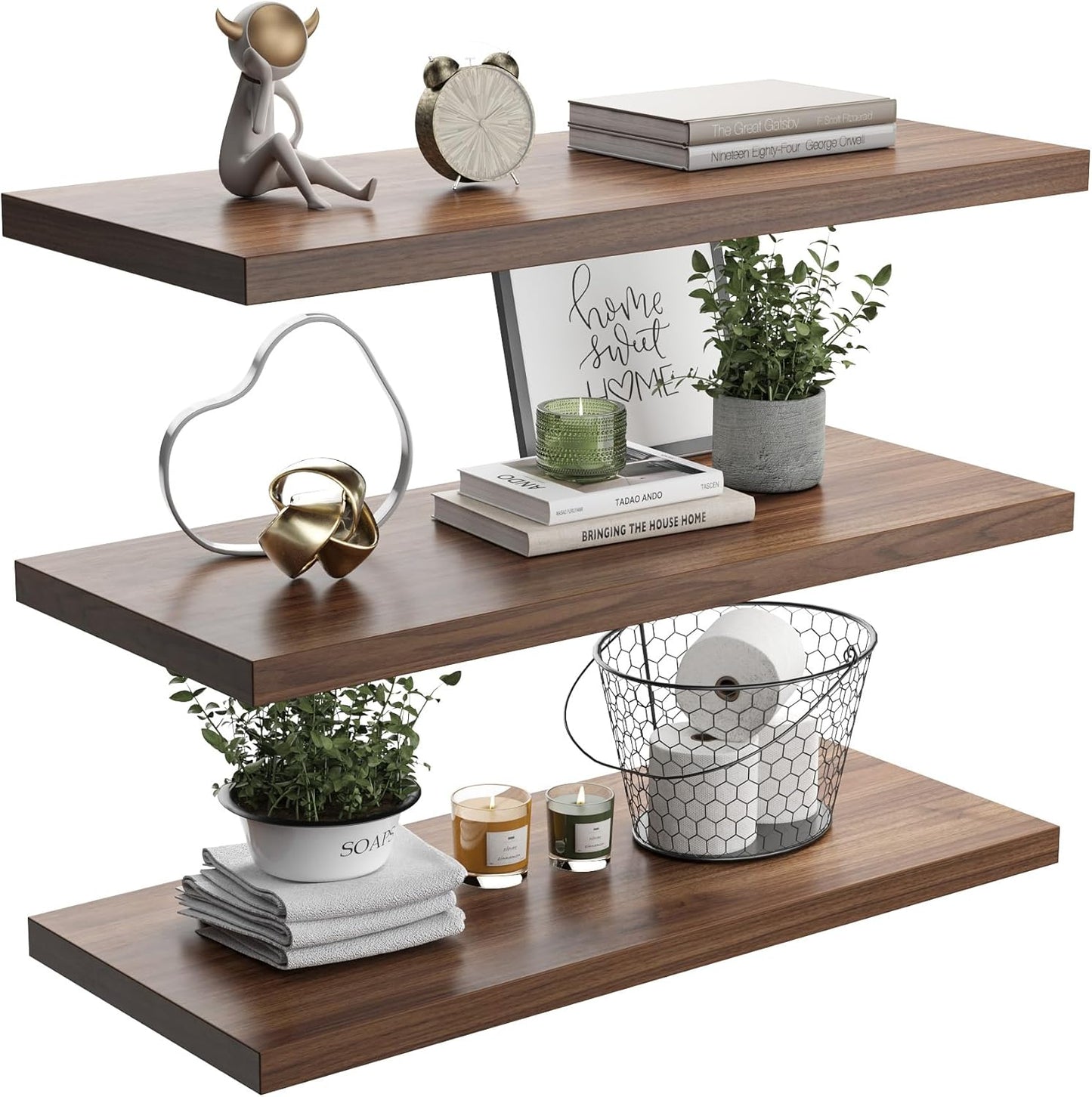Wall Shelf Set of 3, Walnut Floating Shelves 30 in W x 10 in D x 1 in H, Wooden Floating Wall Shelf with Invisible Brackets for Living Room/Bedroom/Bathroom/Kitchen Storage and Decor