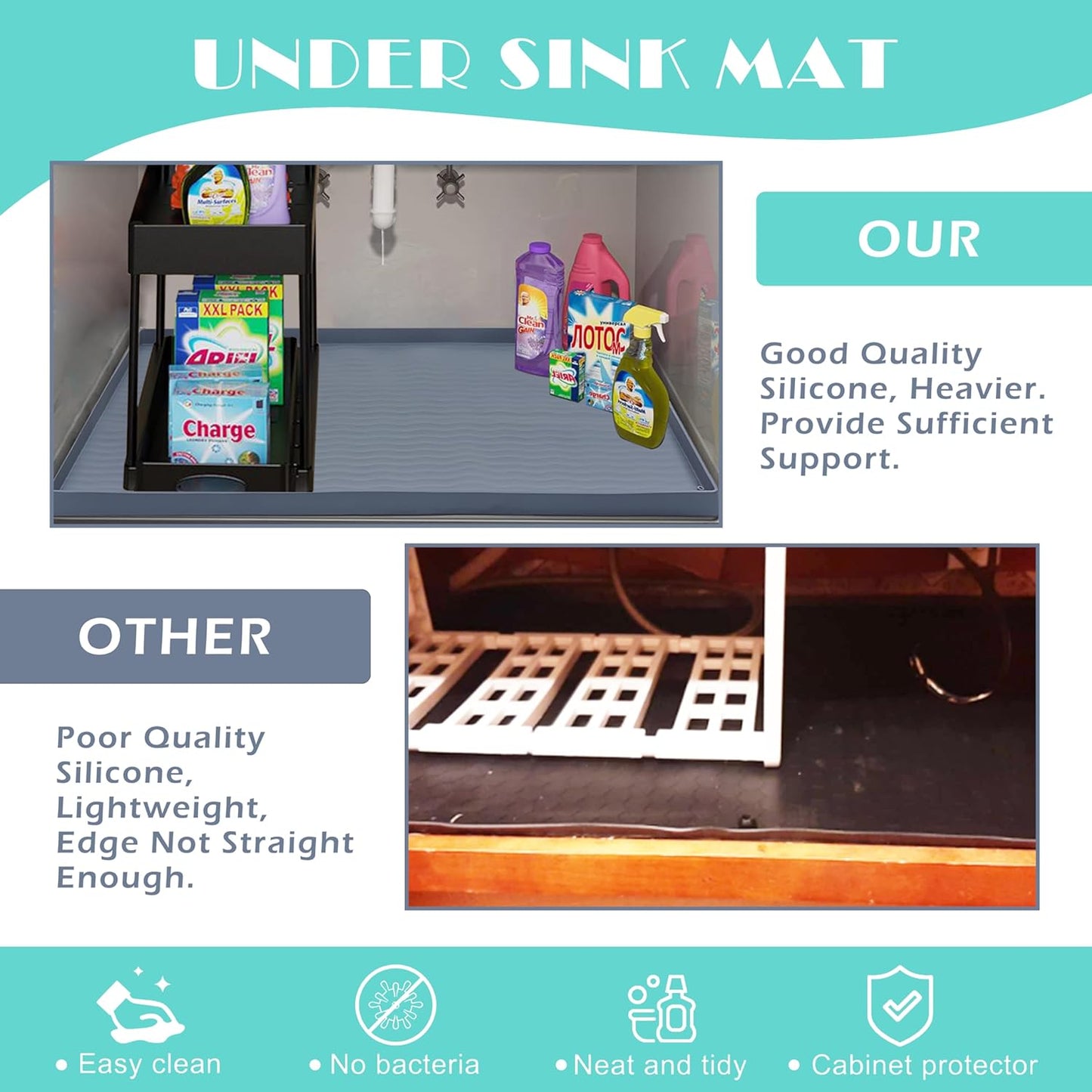 URMONA Waterproof Silicone Under Sink Mat 28'' x 22'' Shelf Liner for Kitchen and Bathroom, Cabinet and Counter Protector, Storage and Organizers, Litter Mat, Pet Cat Puppy Essentials(Dark Grey)
