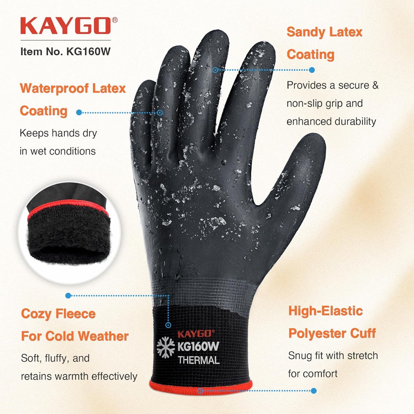 KAYGO Winter Waterproof Work Gloves for Men and Women, 3 Pairs Thermal Insulated Freezer Rubber Coated Gloves,Super Grip,KG160, XL, Black