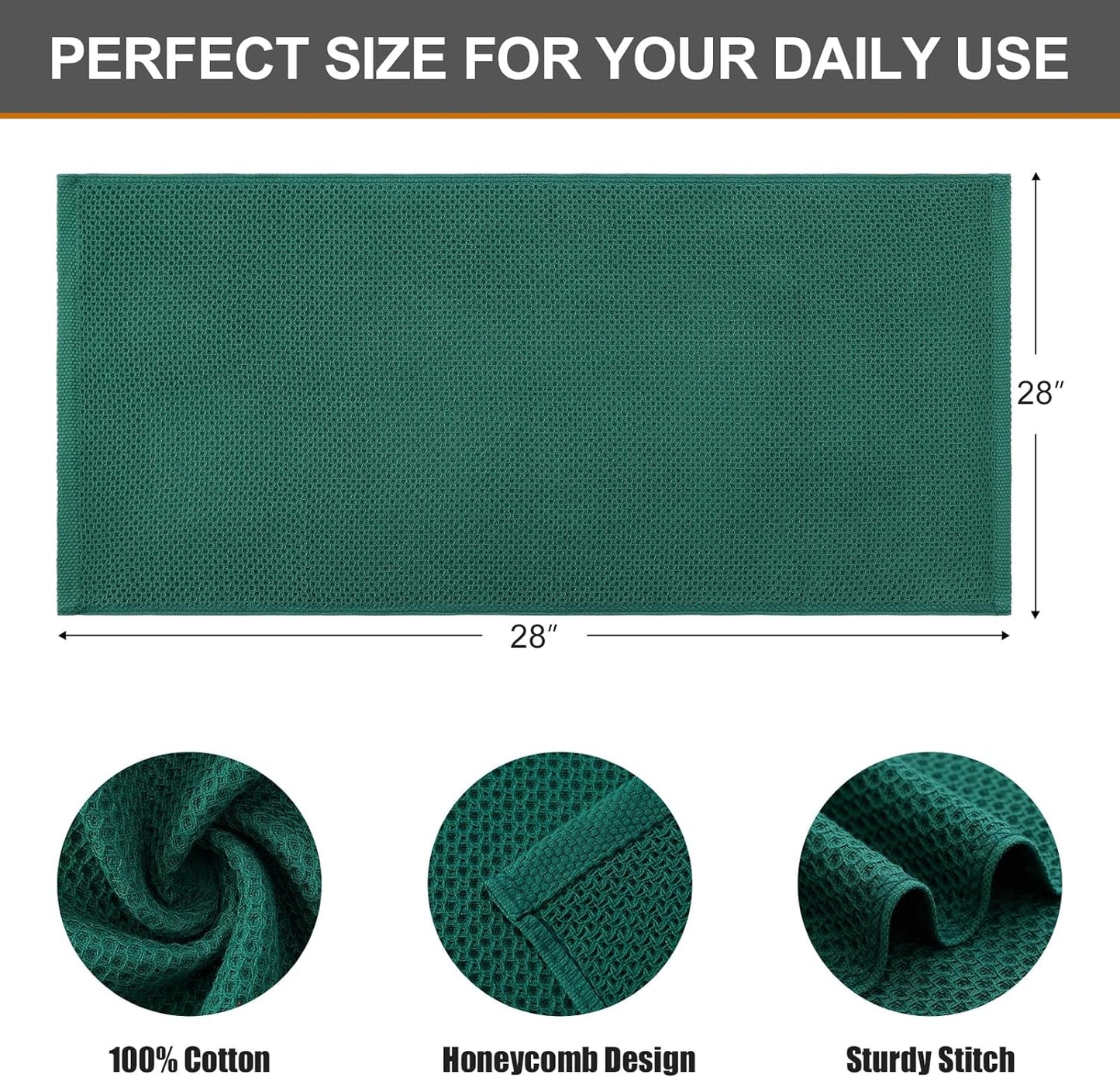 Kitinjoy 100% Cotton Waffle Weave Kitchen Towels, 6-Pack Super Soft and Absorbent Dish Towels for Drying Dishes, Kitchen Hand Towels, 13 in x 28 in, Dark Green