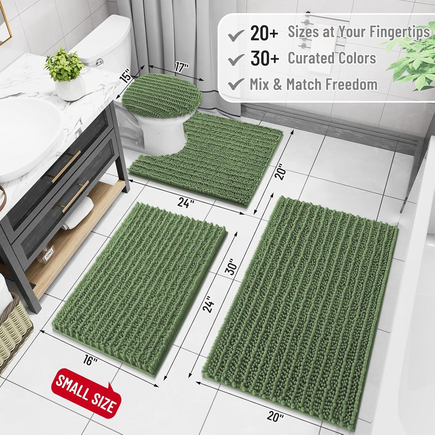 Arotive Luxury Chenille Bathroom Rug Mat, Extra Soft Thick Absorbent Shaggy Bath Rugs, Non-Slip Machine Wash Dry, Plush Bath Mats for Bathroom, Shower and Tub, 30x17, Olive Green