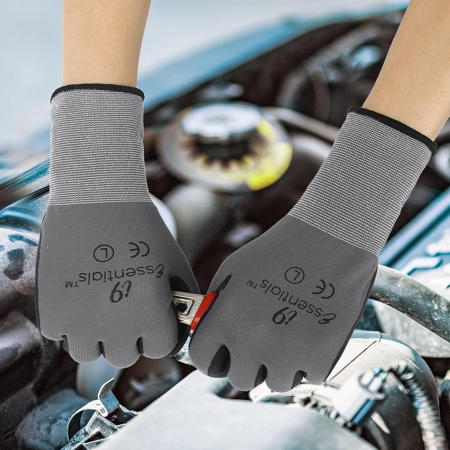 I9 Essentials Safety Work Gloves – 12 Pairs MicroFoam Nitrile Coated, Seamless Nylon Knit Grip Gloves for Construction, Home Improvement, Gardening, Mechanics, Automotive – Large, Breathable