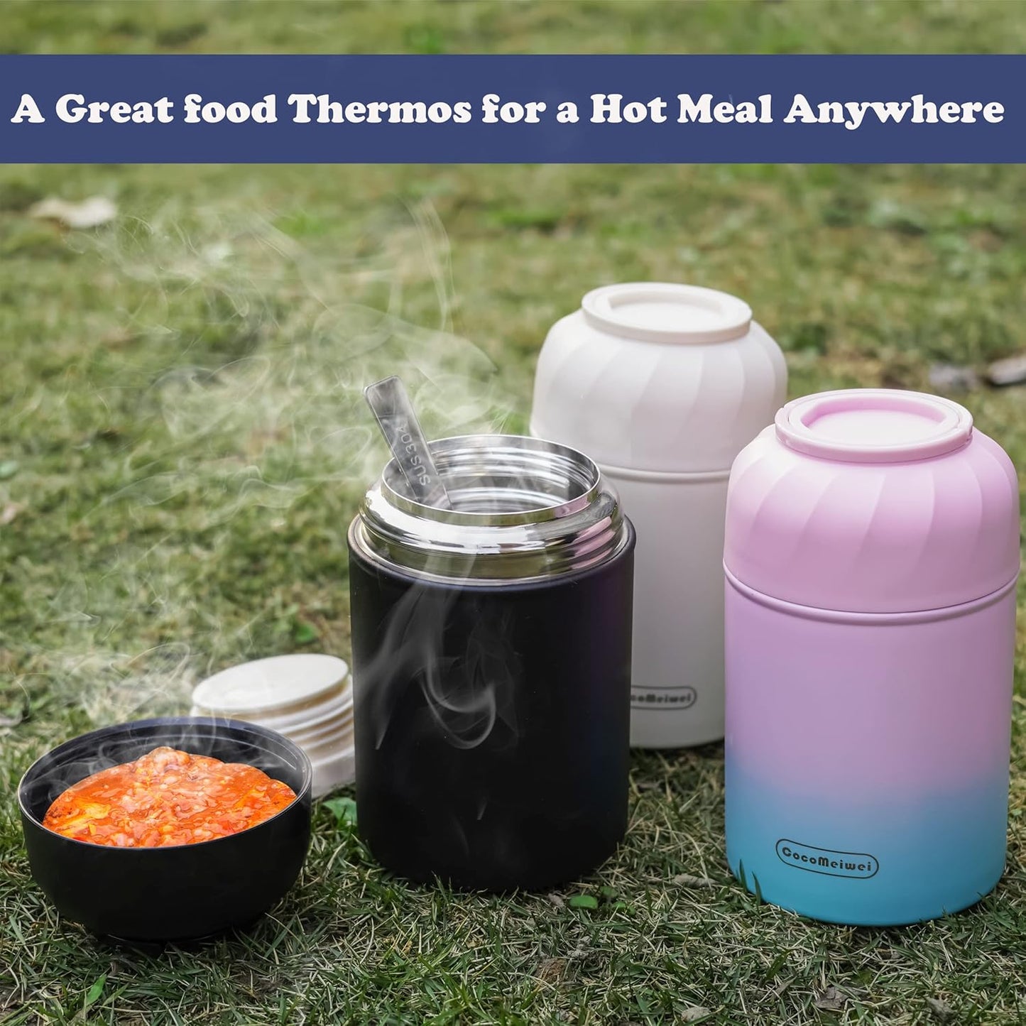 Thermo for Hot Food & Drinks, Thermo Lunch Box, 17oz Vacuum Insulated Food Container with Spoon&Drawstring Bag, Soup Thermo for Adults, Black