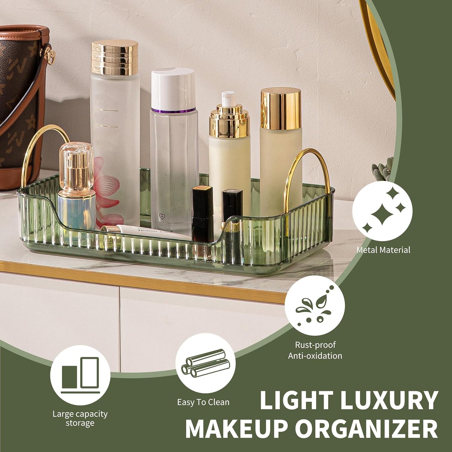 YCIA&DONE Bathroom Organizer Countertop, Makeup Storage, Skincare Cosmetic Tray Shelf, Perfume Holder Rack for Vanity Counter, Large Capacity, Easy to Install, Clean, 1 Tier, Vintage Green