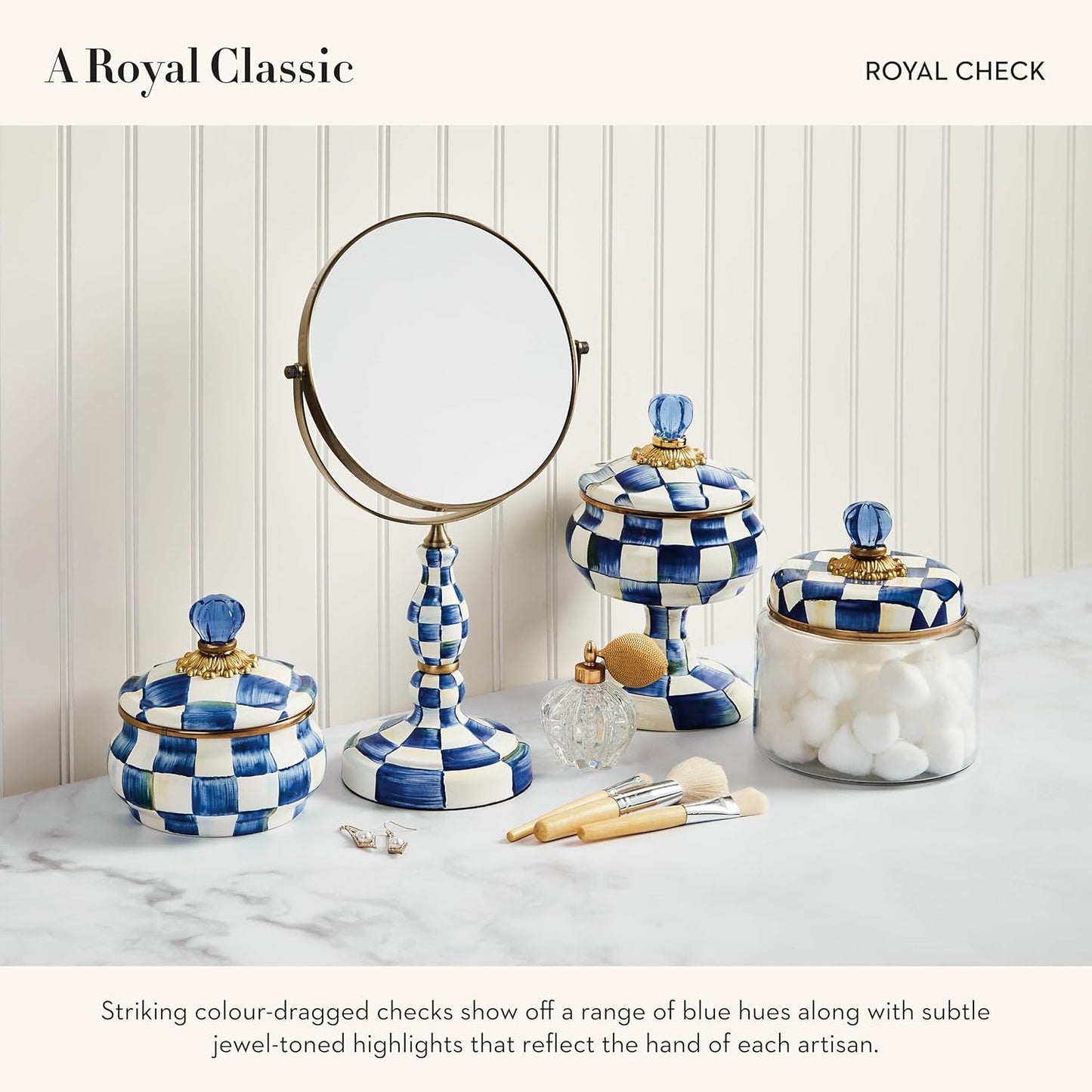 MACKENZIE-CHILDS Enamel Squashed Pot, Cute Enameled Container with Lid, 20 Ounces, Blue-and-White Royal Check