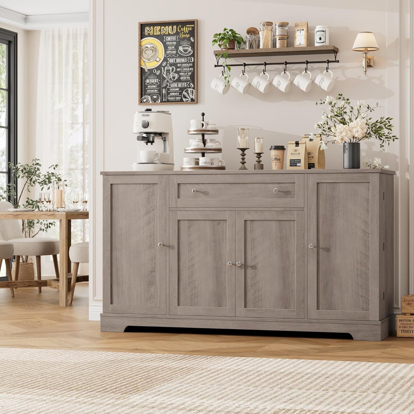 HITHOS 54" Buffet Cabinet with Storage, Modern Kitchen Buffet Sideboard with Drawer, Wood Coffee Bar Station with Adjustable Shelves, Kitchen Storage Cabinet for Living Room, Ash Grey
