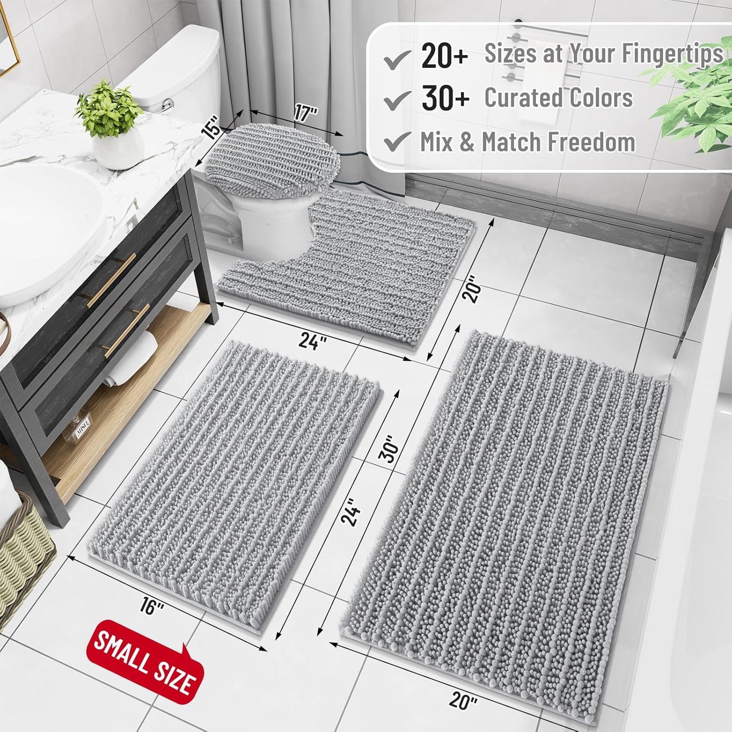 Arotive Luxury Chenille Bathroom Rug Mat, Extra Soft Thick Absorbent Shaggy Bath Rugs, Non-Slip Machine Wash Dry, Plush Bath Mats for Bathroom, Shower and Tub, 60x24, Light Grey