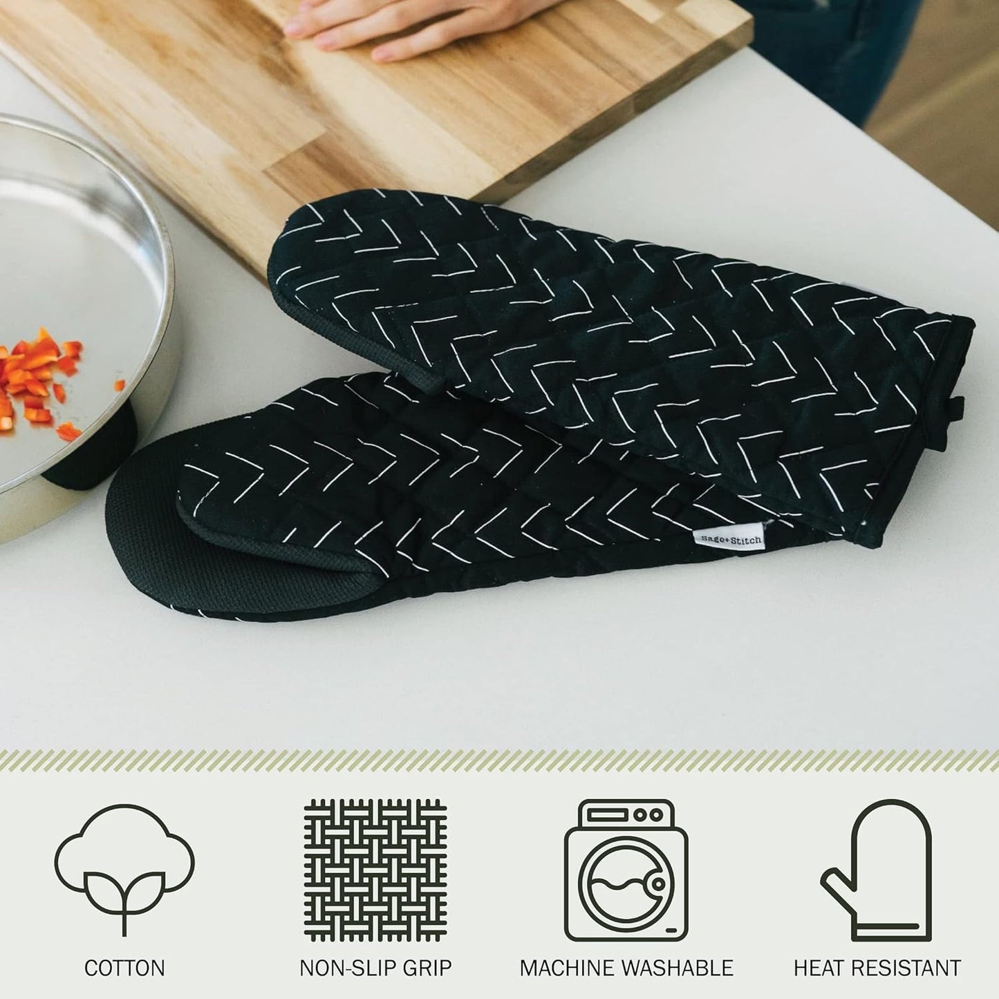 Heat Resistant Designer Kitchen Oven Mitts with Neoprene Non-Slip Grips and Hanging Loops | Set of 2 100% Cotton Long Sleeve Kitchen Oven Mitts | 5.5" x 12" | Black