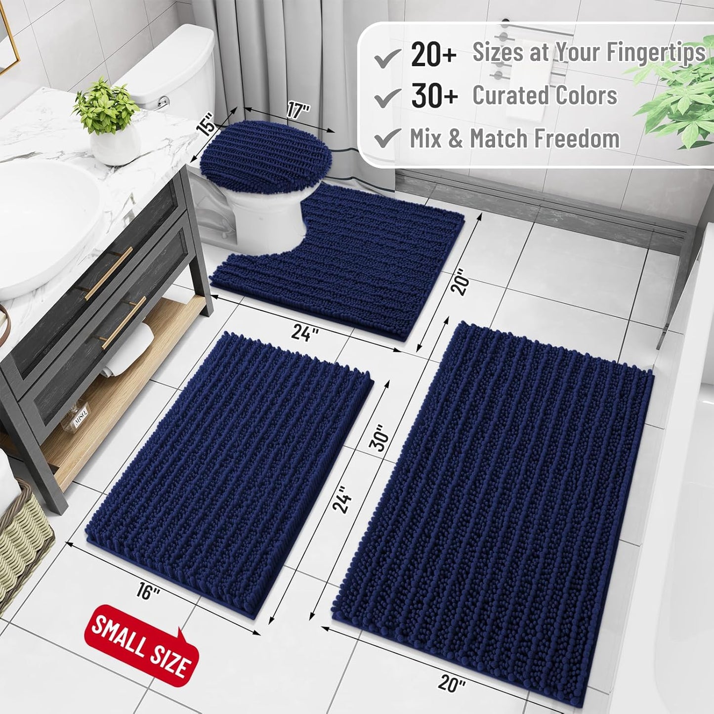 Arotive Luxury Chenille Bathroom Rug Mat, Extra Soft Thick Absorbent Shaggy Bath Rugs, Non-Slip Machine Wash Dry, Plush Bath Mats for Bathroom, Shower and Tub, 36x24, Navy