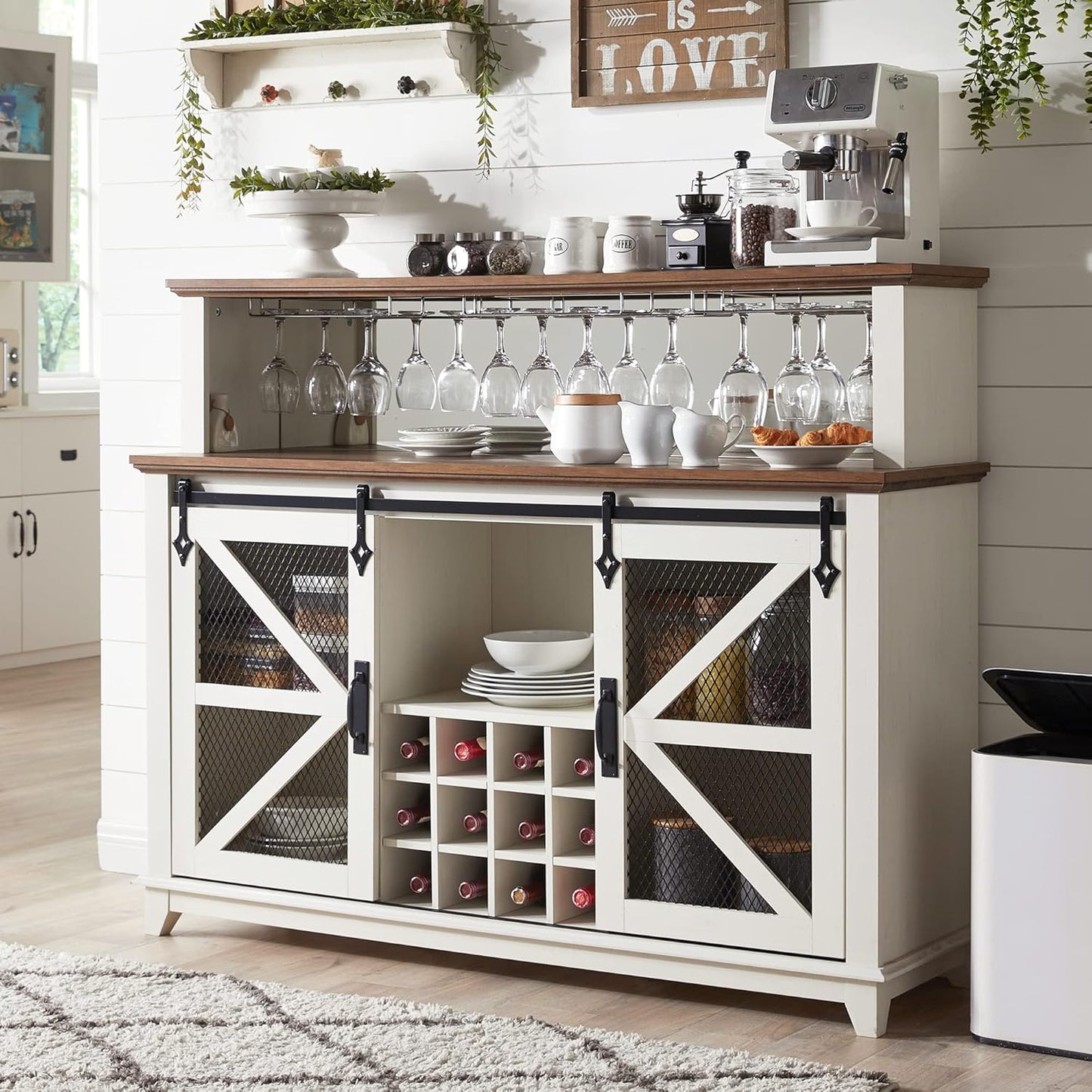 OKD Farmhouse Coffee Bar Cabinet with LED Lights, 55" Wine Bar Cabinet w/Sliding Barn Door & Wine and Glass Rack, Kitchen Buffet Cabinet w/Storage Shelves for Dining Room,Antique White