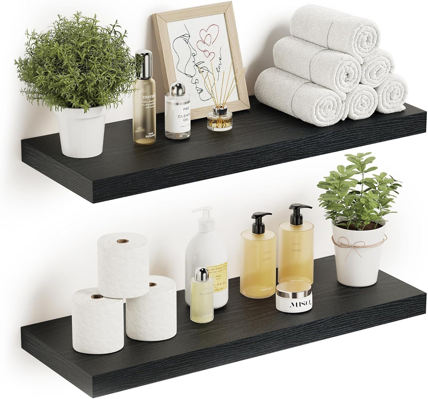 Vivelove Black Floating Shelves for Wall Mounted, 24 inchs x 9.1” Deep x 1.6” Thick Wall Shelves for Bedroom, Living Room, Bathroom，Kitchen, Office, Home Decor Shelf with Invisible Bracket - Set of 2