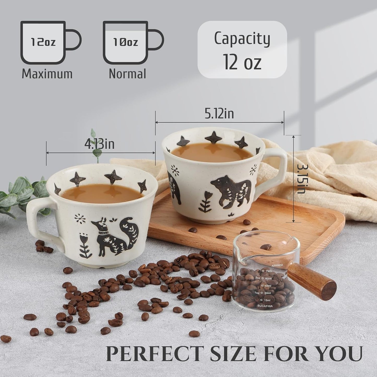 Ceramic Coffee Mug, 12 oz Novelty Unique Teacup with Large Handle, Stoneware Cup for Tea Mocha Latte Cappuccino Espresso (Bear)