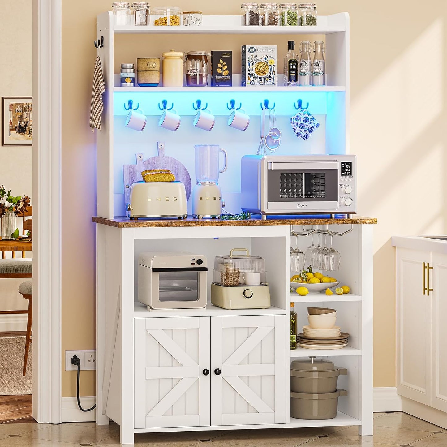 Itaar 35.4 inch Bakers Rack with Power Outlet and Storage, Farmhouse Coffee Bar Cabinet, Microwave Stand Kitchen Cabinet with Hutch, LED Lights, Wine Glass Holder and 8 Hooks，White