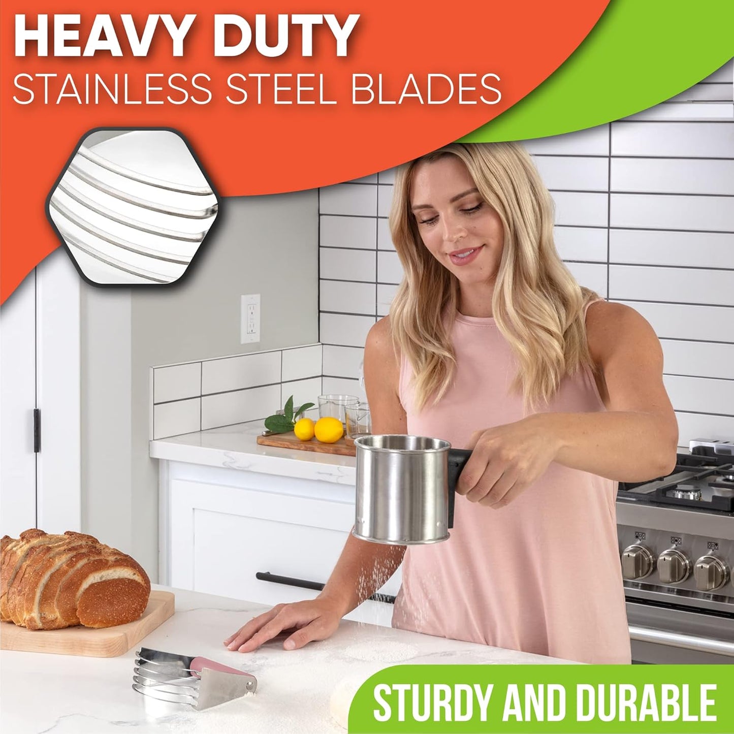 Spring Chef Medium Size Dough Blender For Baking, Stainless Steel Dough Cutter Tool, Manual Pastry Cutter Tool with Sharp & Thick Blades, Dishwasher Safe Pastry Blender for Easy Mixing - Pink Lemonade