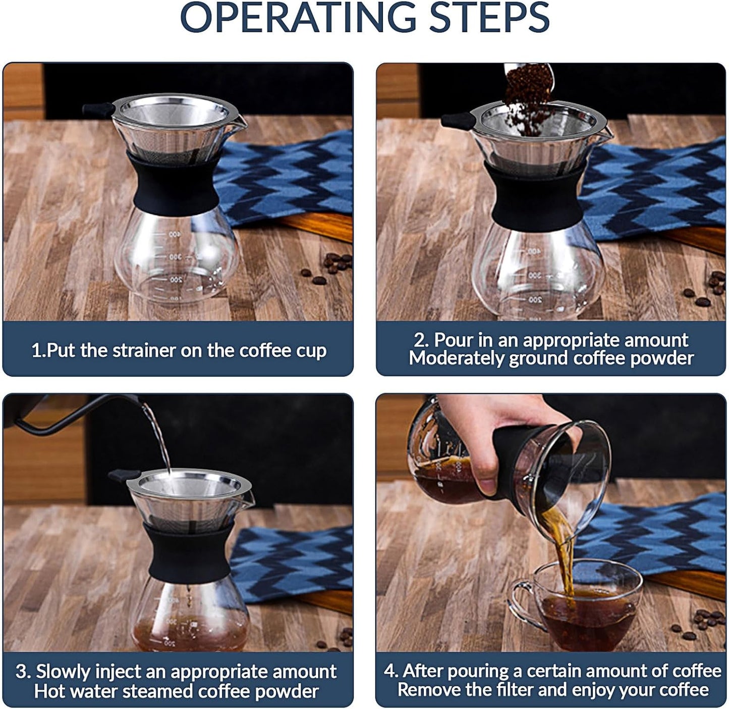 Pour Over Coffee Dripper-Stainless Steel Coffee Filter,Reusable Drip Cone Coffee Filter Portable Pour for 1-4 Cup (Without base, M)