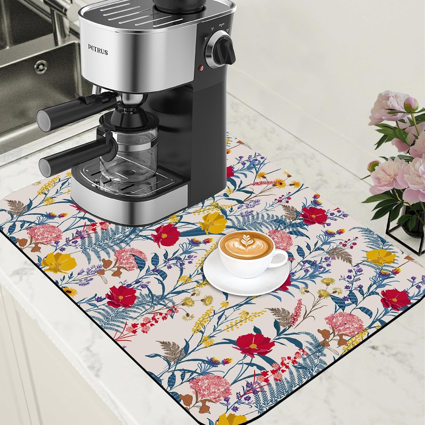 Dish Drying Mat Spring Flowers Coffee Bar Mat for Countertop Botanical Coffee Mat Absorbent Rubber Backed Hide Stain Dish Drainer Rack Mat Coffee Maker Coffee Pot Dining Room Decor 15.7 x 23.6 Inch