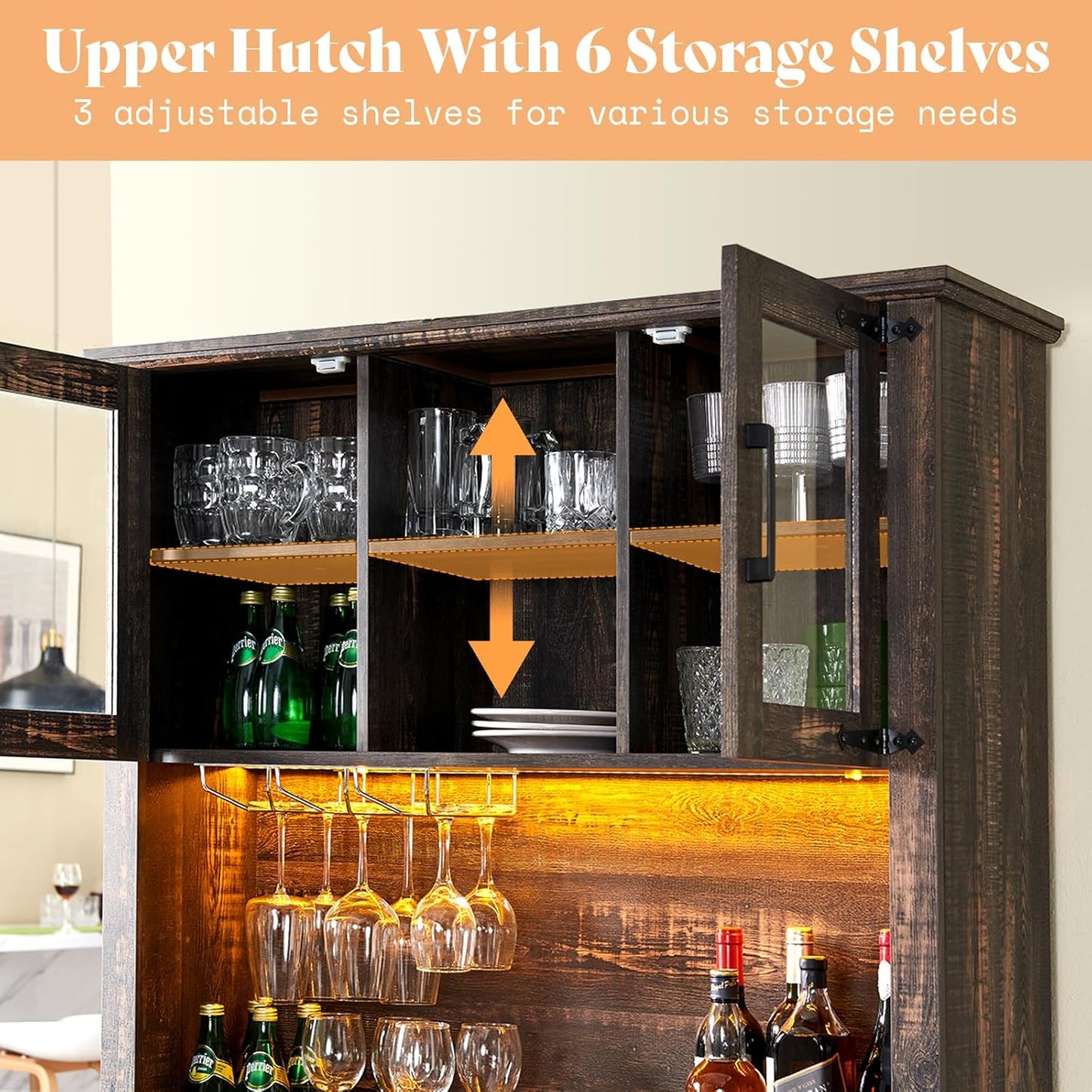 AMERLIFE 72'' Coffee Bar Wine Cabinet with Sliding Barn Door, Farmhouse Kitchen Sideboard, Buffet Storage Table, Wine Glass Racks, 3 Drawers, LED Lights, Tall Hutch Home Bar Dark Rustic Oak