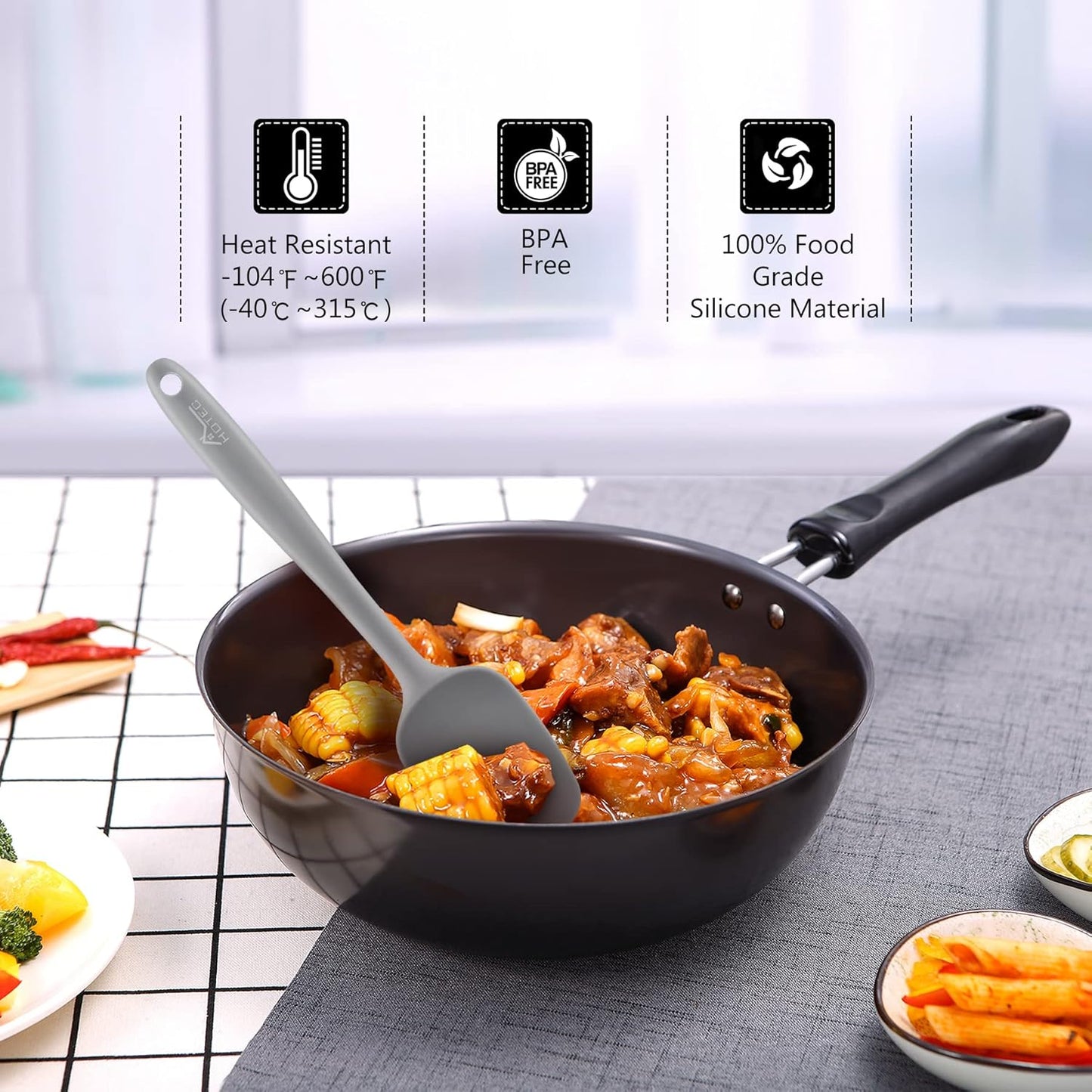 HOTEC 600℉ Heat Resistant BPA-Free Silicone Rubber Spatula Set,Kitchen Cooking Spatulas, Baking, Mixing for Non Stick Cookware, Dishwasher Safe, Set of 5 Grey