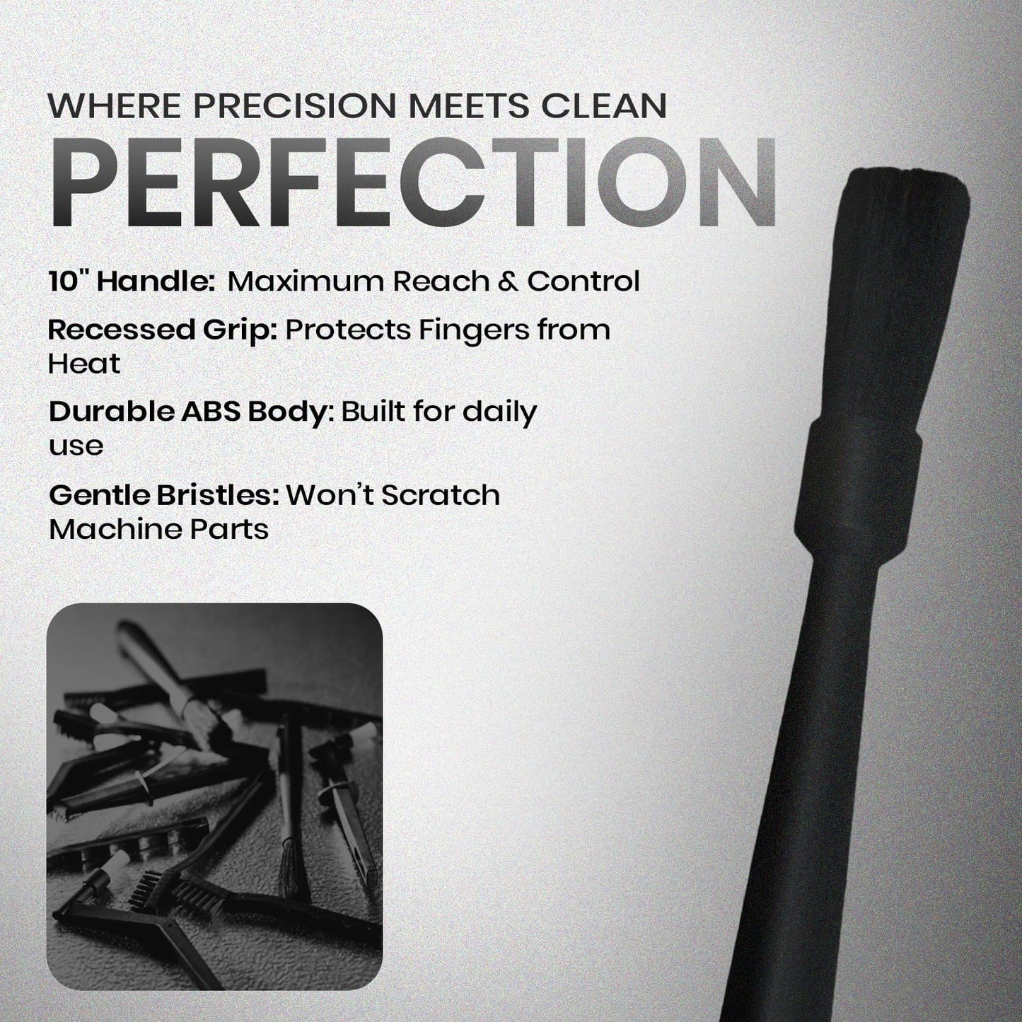 Rattleware 10" Black Espresso Machine Grinder Brush - Ideal For Home, Cafe, Restaurant, or Hotel - Long Durable Handle Coffee Grinder Cleaning Brush Trusted By Baristas