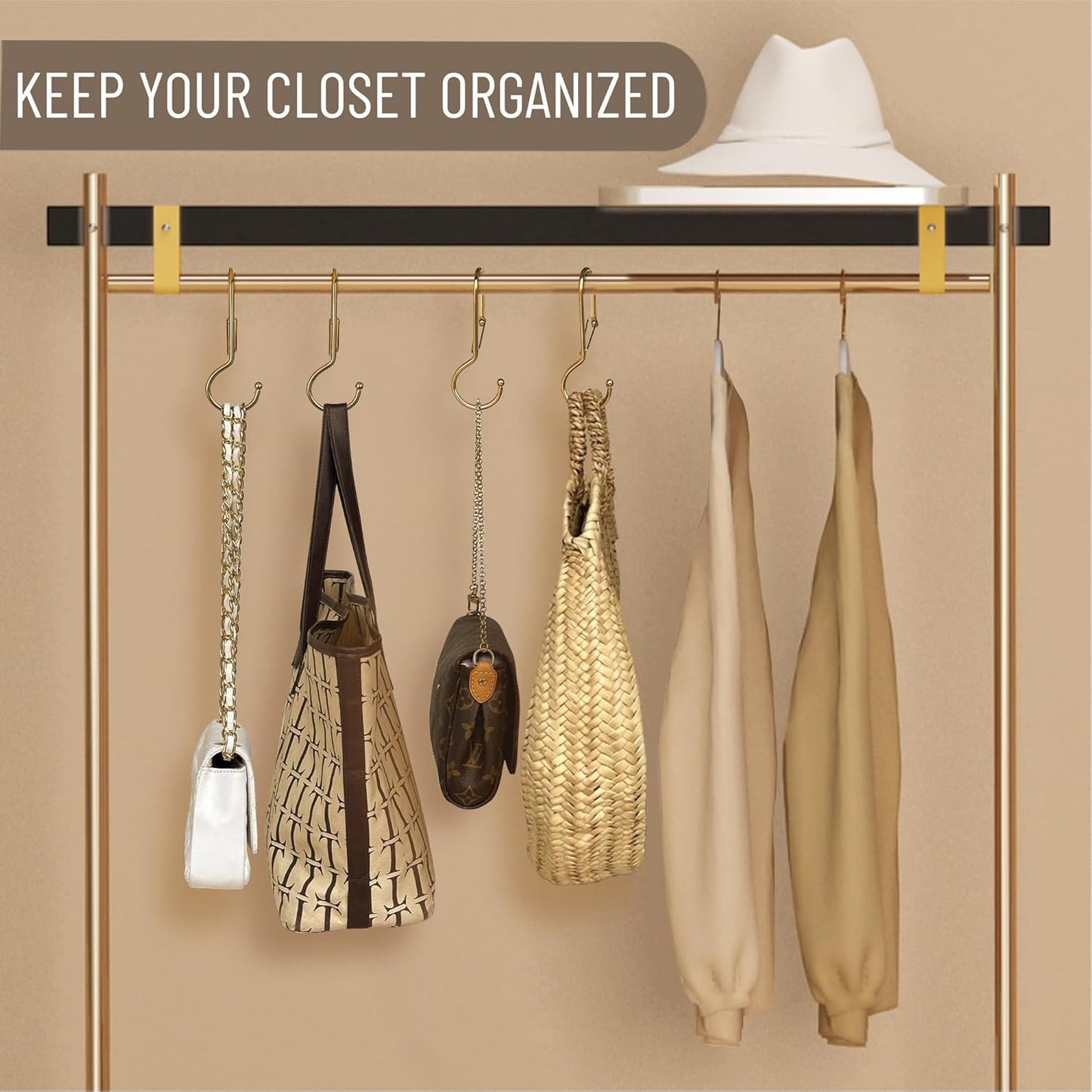 6 Purse Hanger for Closet. Tote Hanger. S-Shaped Hooks S Hooks Twist Design. Anti Drop S-Shaped Hook for Hanging Handbags with Safety Buckle to Prevent Falls. Heavy Duty. (Gold, Twisted)
