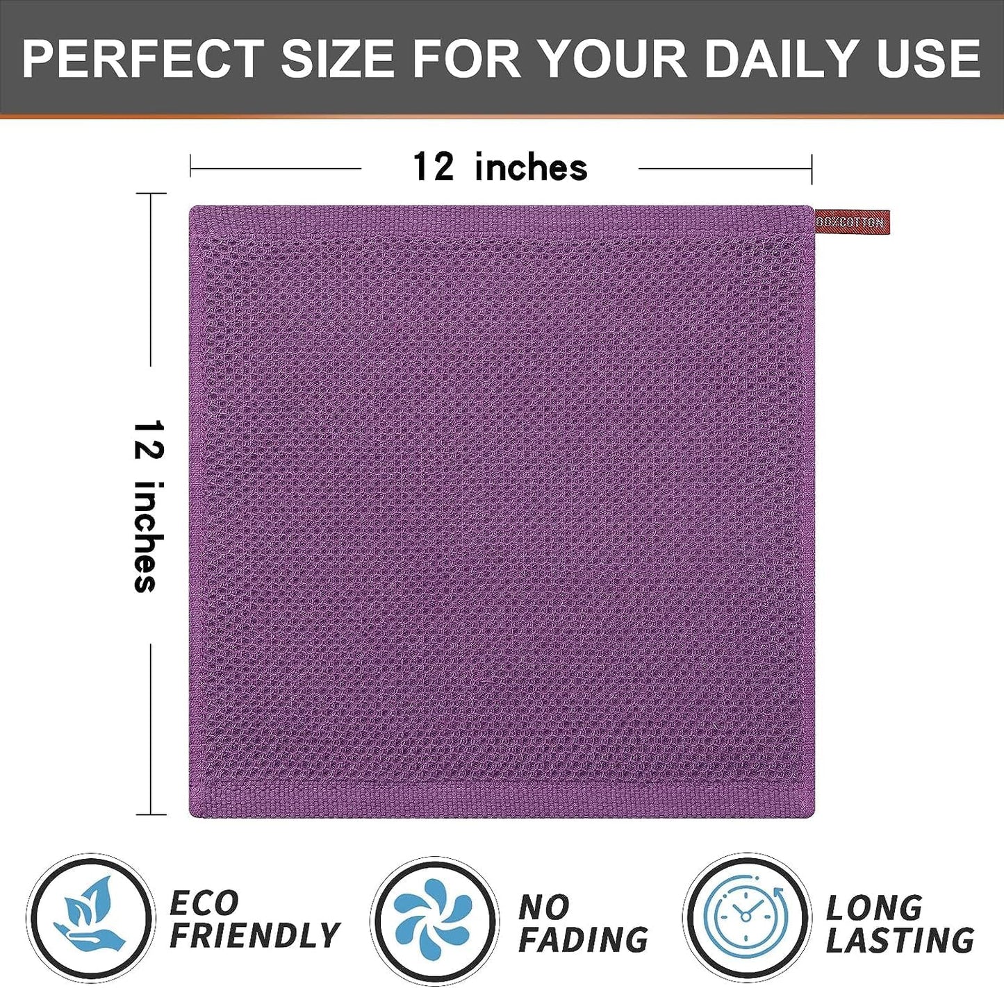 Kitinjoy 100% Cotton Kitchen Dish Cloths, 8 Pack Waffle Weave Ultra Soft Absorbent Dish Towels for Drying Dishes Quick Drying Kitchen Towels Dish Rags, 12 X 12 Inches, Violet