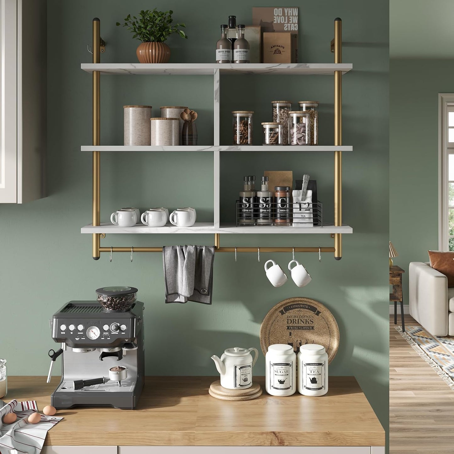 Bestier Kitchen Shelves Wall Mounted Floating Pipe Shelving 3 Tier 41.5" Coffee Bar Shelf with Holder Wall Display Storage Rack Kitchen Organization and Home Decor, White Faux Marble