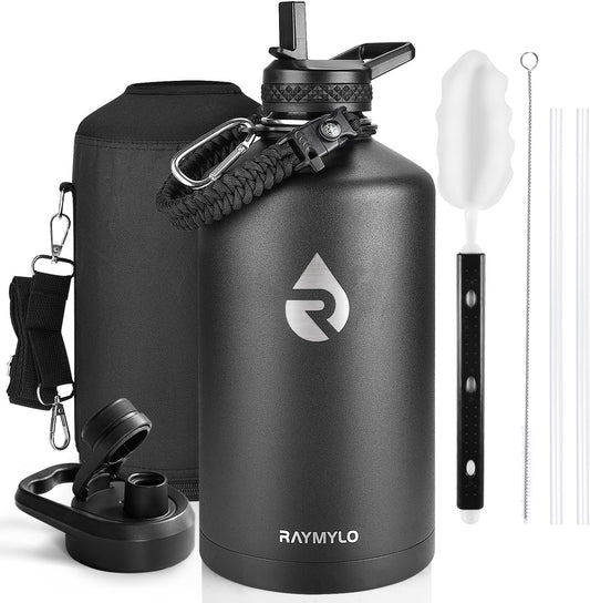 One Gallon Water Bottle Insulated, Triple Walled Vacuum Stainless Steel (Cold for 48 Hrs), Leak Proof & Non-BPA, Large Water Flask Jug with Paracord Handle & Straw Spout Lids