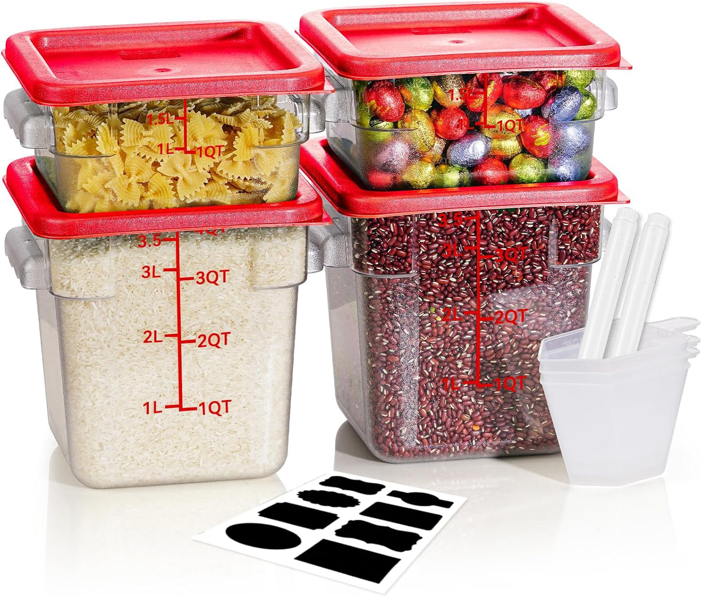 2QT&4QT NSF Food Storage Containers with Lids: 4 PCS [Total Food Grade][Hot&Cold Resistant] Commercial Clear Food Storage Containers for Restaurant Kitchen Proof Dough (Red)