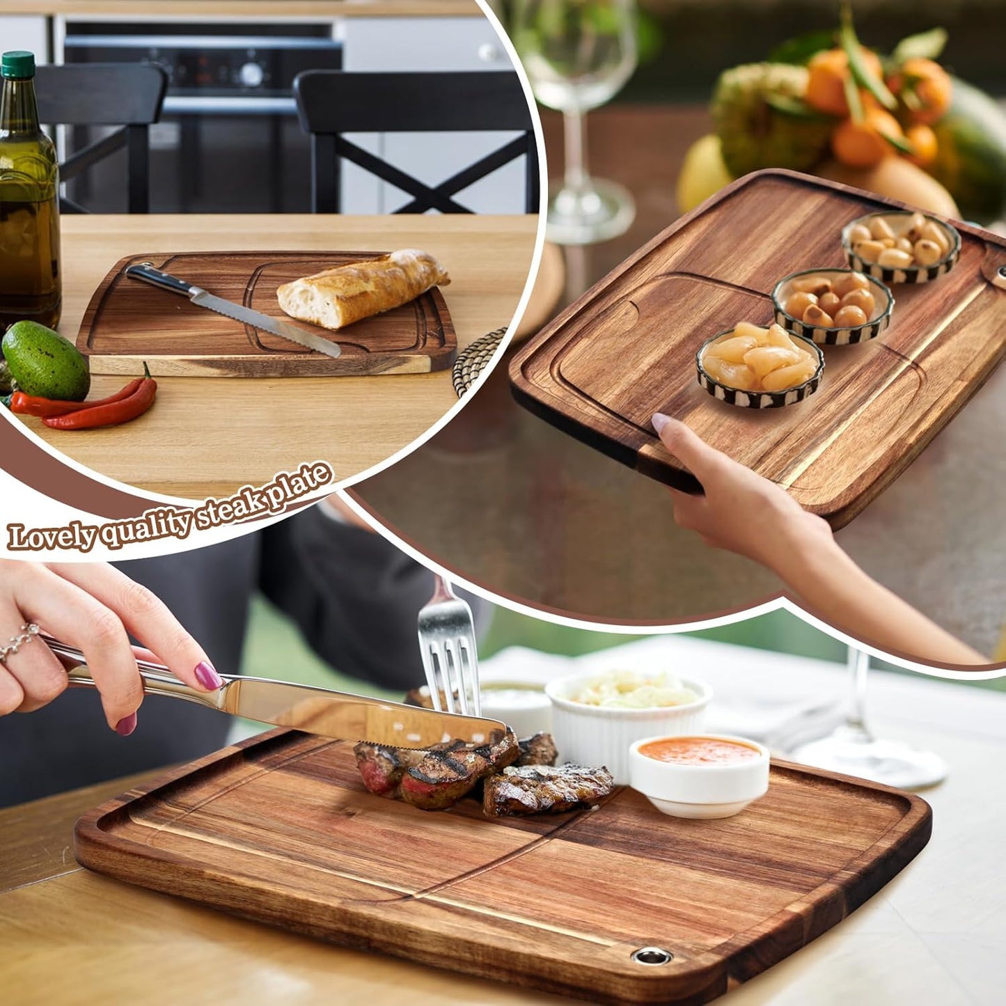 Uiifan 10 Pcs Steak Plates with Juice Channel Wooden Steak Board Set Acacia Cutting Serving Board for Home Serving Eating Meat Dishes Snack Dessert, 13 x 11 x 0.6 Inch