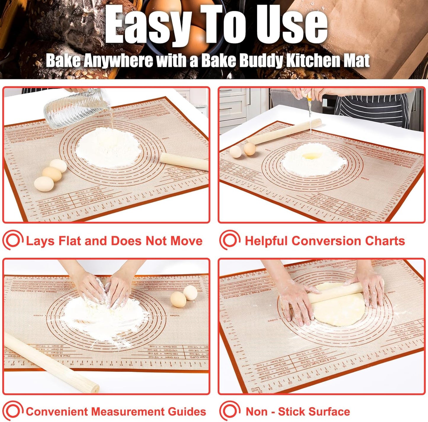 Non-slip Silicone Pastry Mat 28X20 inches Baking Mat with Measurement, Perfect for Dough, Pastry, Pie Crust, Fondant, Cookies, Bread, Pasta, Pizza, Food Grade Kitchen Counter Mats