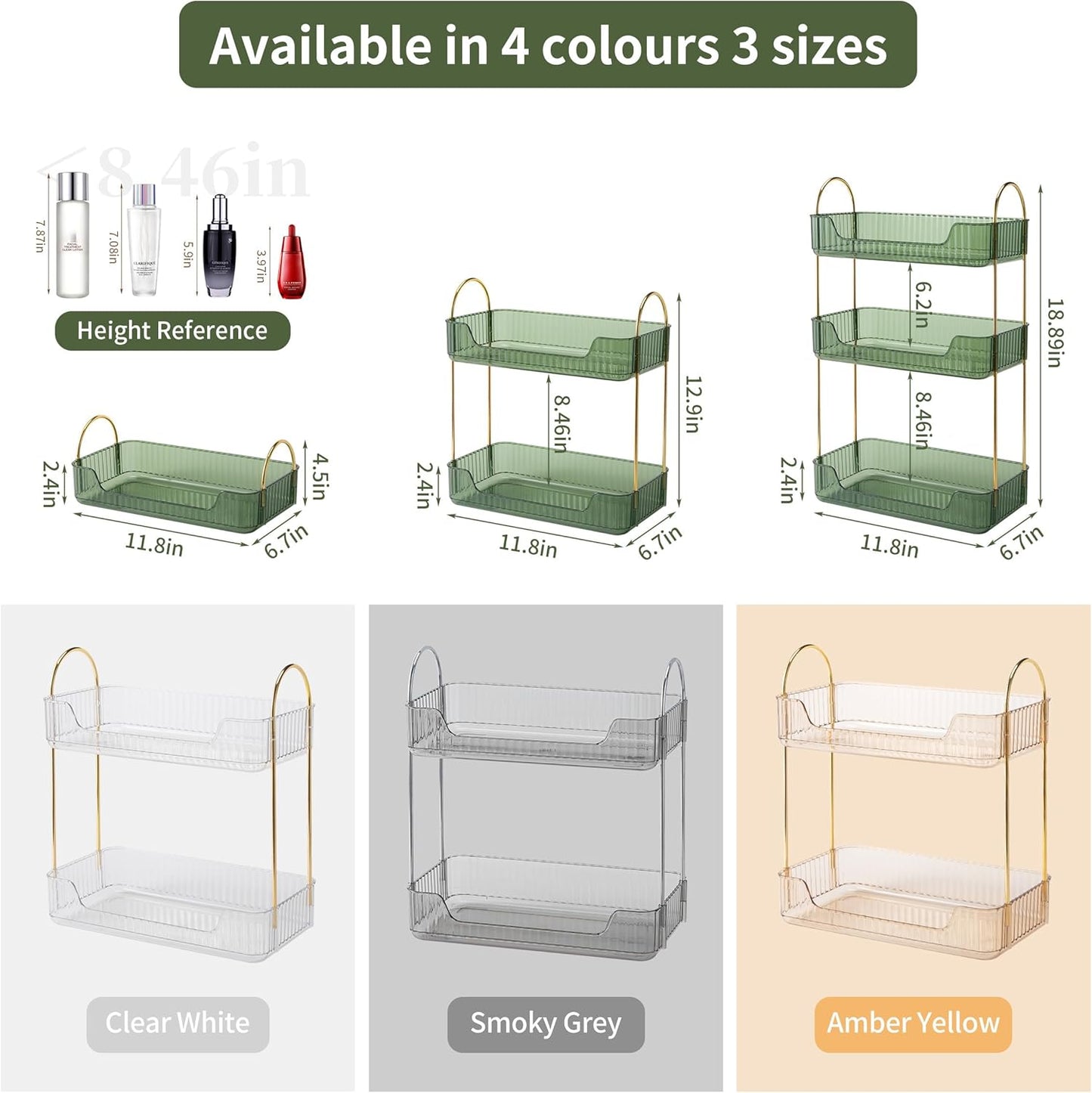 YCIA&DONE Bathroom Organizer Countertop, Makeup Storage, Skincare Cosmetic Tray Shelf, Perfume Holder Rack for Vanity Counter, Large Capacity, Easy to Install, Clean, 2 Tiers, Vintage Green