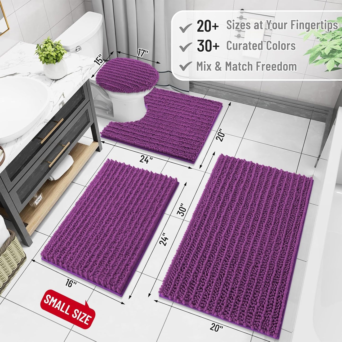 Arotive Luxury Chenille Bathroom Rug Mat, Extra Soft Thick Absorbent Shaggy Bath Rugs, Non-Slip Machine Wash Dry, Plush Bath Mats for Bathroom, Shower and Tub, 30x17, Purple
