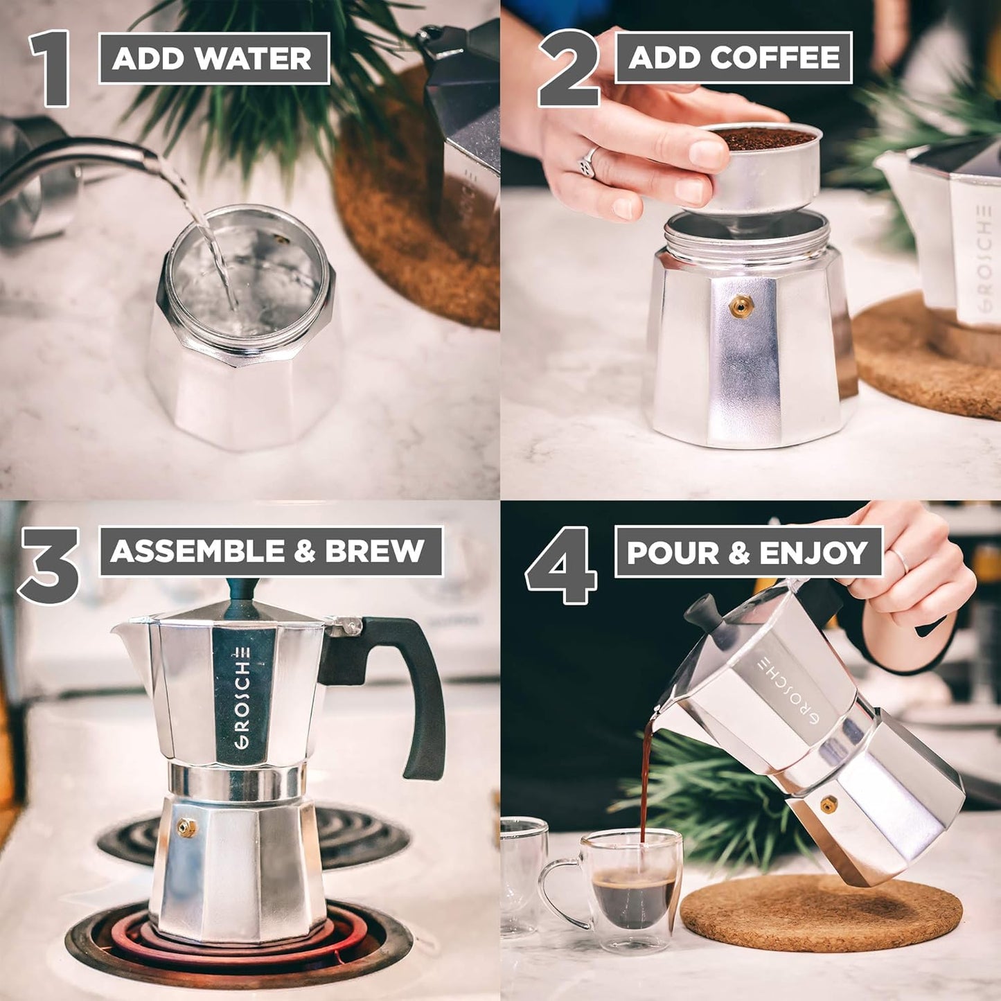 GROSCHE Milano Stovetop Espresso Maker Moka Pot 6 espresso Cup - 9.3 oz, Silver - Cuban Coffee Maker Stove top coffee maker Moka Italian espresso greca coffee maker brewer percolator