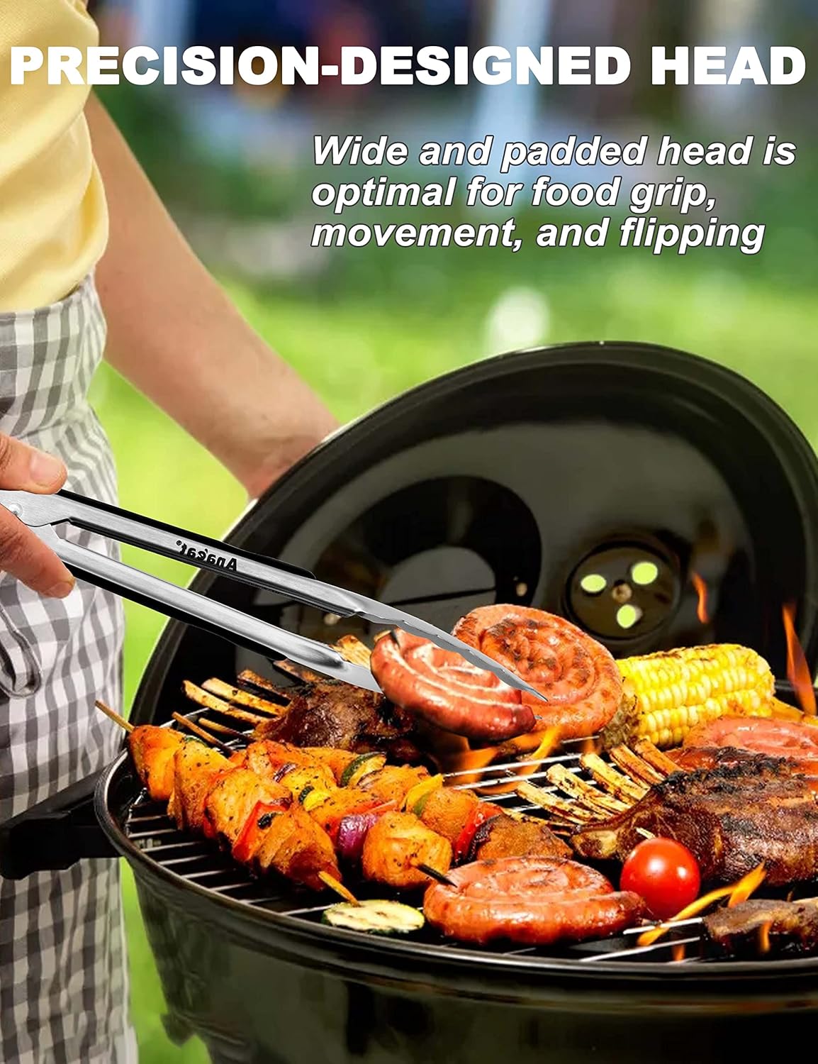 Anaeat Premium Stainless Steel Kitchen Tong Set of 2 - Sturdy Coiled Spring 9" and 12" Locking Food Tong with Non-Slip Silicone Grip for Cooking, Baking, Grilling, BBQ - Heat Resistant up to 480¡ÆF