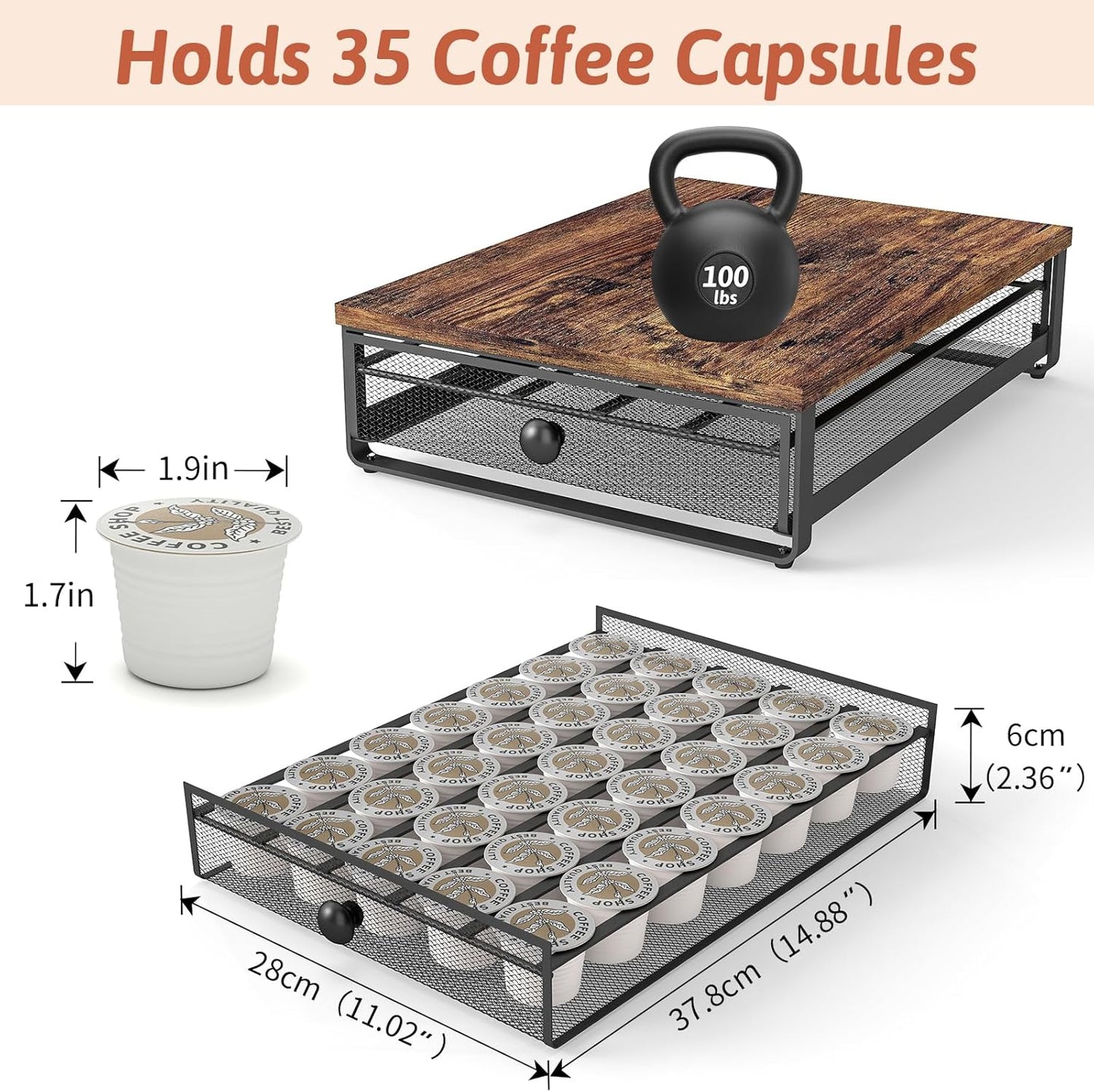 Coffee Pod Storage Drawer,with Sliding Baskets,Coffee Pod Holders for K Cups,35 Capacity Coffee Capsules Storage Organizer,Under Coffee Pot Storage Drawer,for Home Office, Kitchen (BROWN)