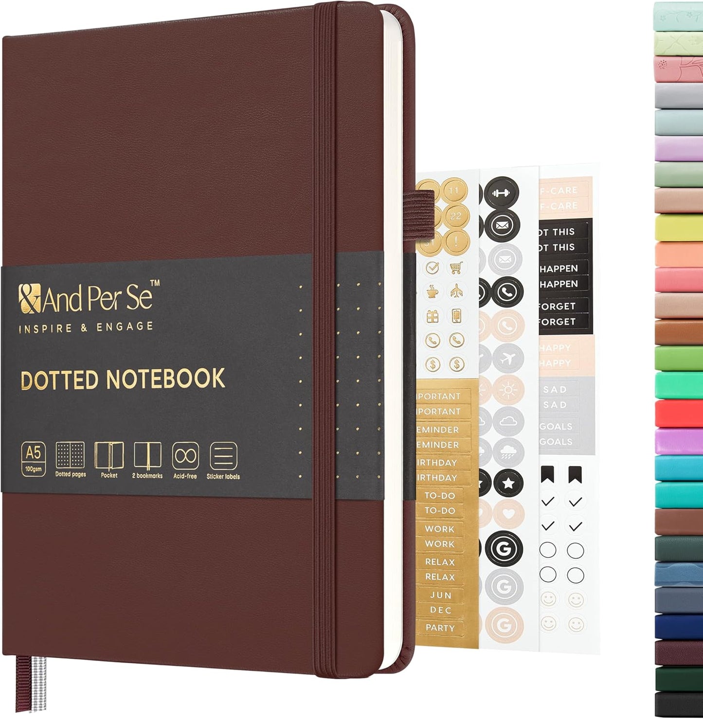 &And Per Se Dotted Journal Notebook, A5 Hardcover Bullet Dotted Journal, 160 Pages 100 gsm Thick Dotted Paper, 3 Sheets of Stickers Included - 5.7'' x 8''（Chocolate）