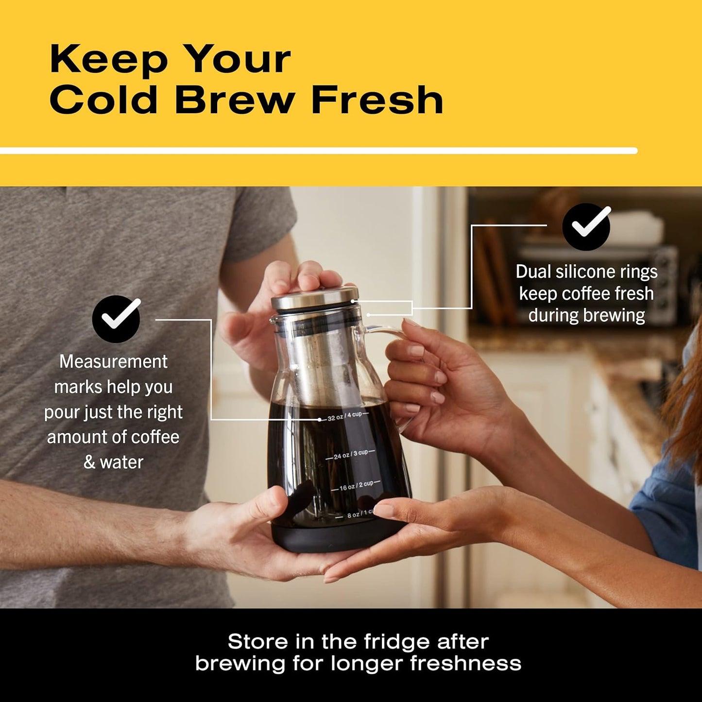Bean Envy Cold Brew Coffee Maker - 32 oz Glass Coffee Cold Brew Maker and Pitcher w/Silicone Cap & Base