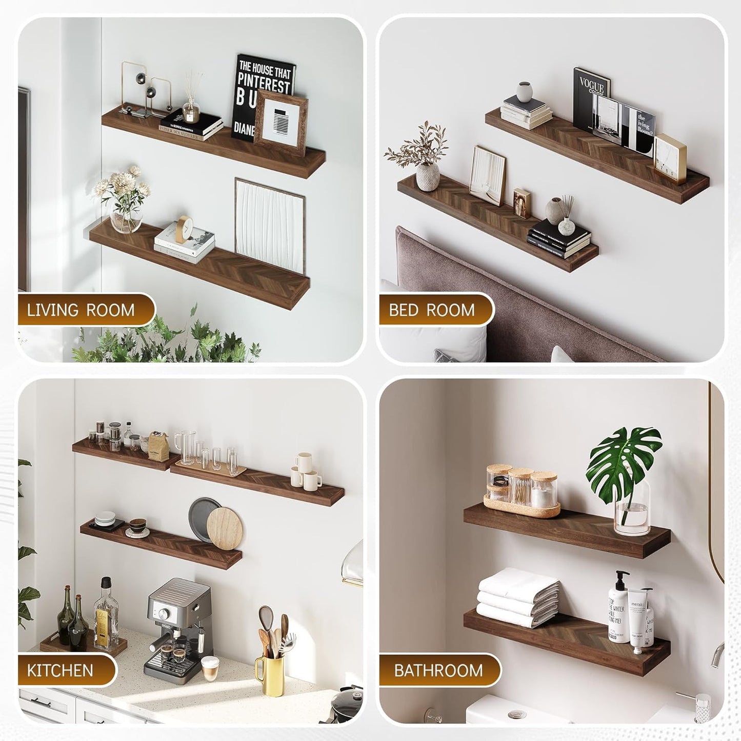 36" Acacia Chevron Floating Shelves Set of 2 - Wall Mounted Wooden Shelf for Stylish Home Décor - Dark Walnut Color - 36x6.7x1.5 Inches