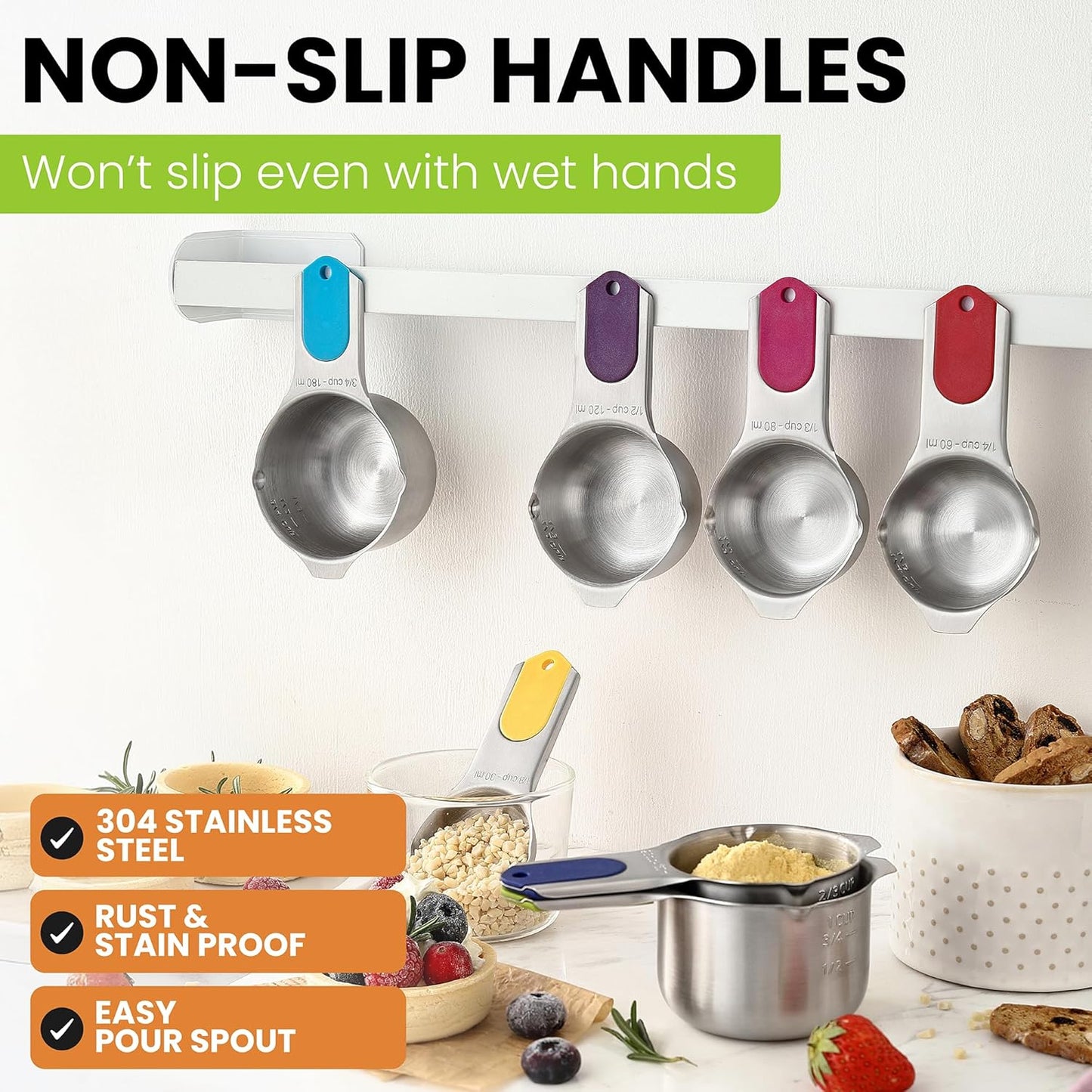 Spring Chef Magnetic Stainless Steel Measuring Cups (Patent Pending), Kitchen Tools with Easy to Read Markings for Measuring Dry or Liquid Ingredients, Set of 7, Multicolor