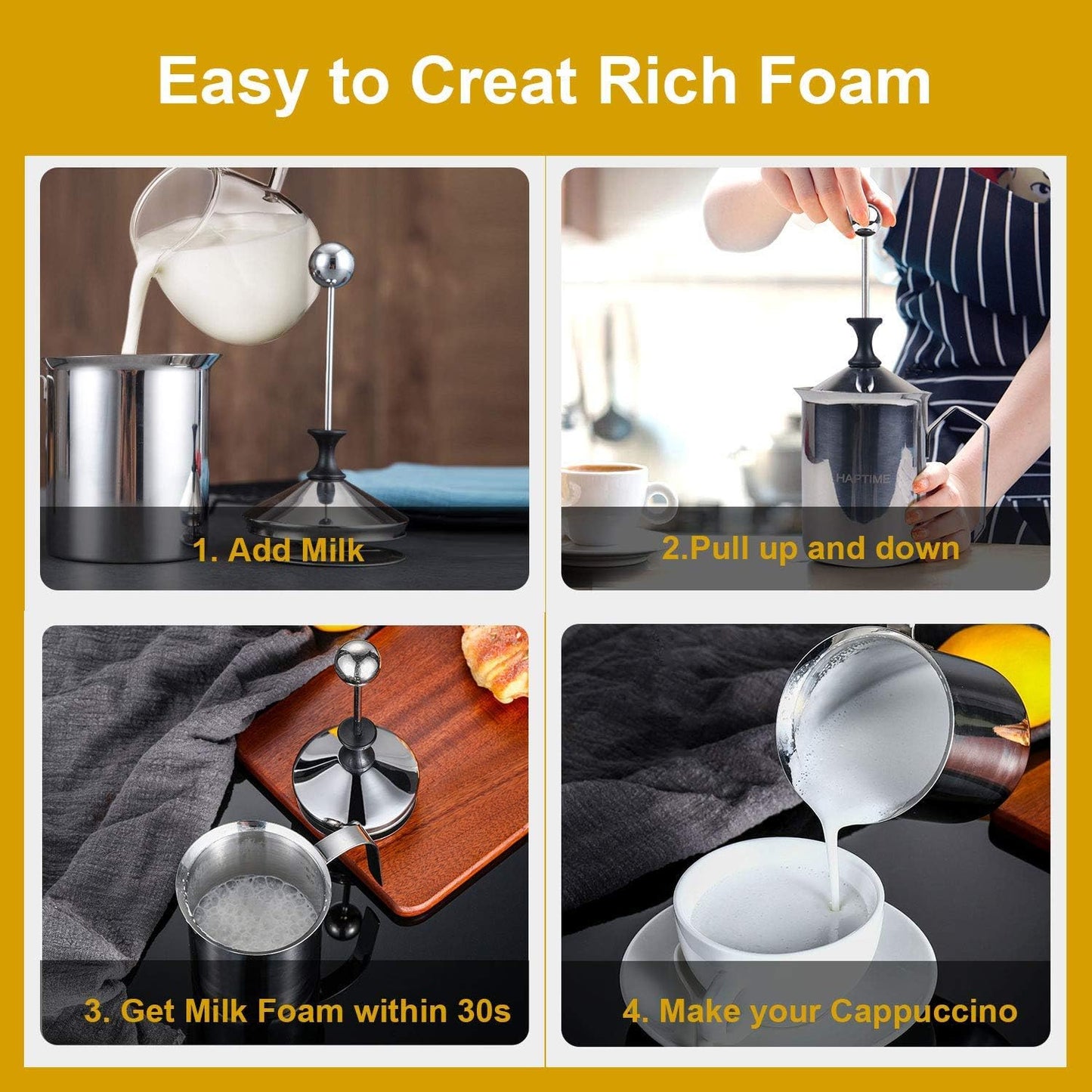 HAPTIME Manual Milk Frother Pitcher with Double Mesh Screen, Hand Frother with Pump for Cappuccino, Latte, and Coffee Foam,17-Ounce Capacity (500ml)